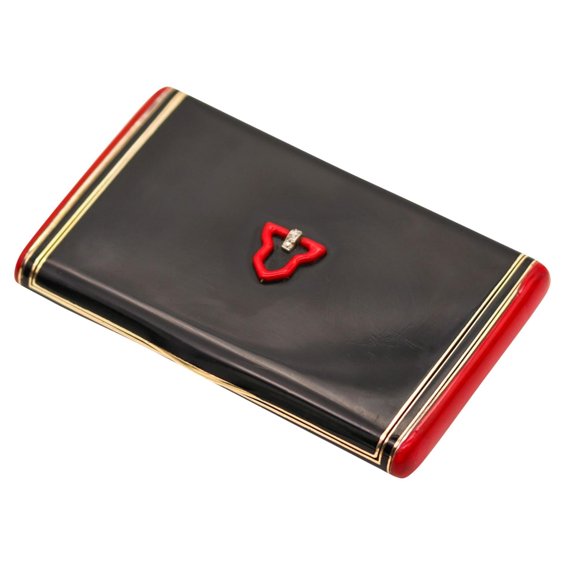 Tonnel Paris 1928 Art Deco Box In 14Kt Gold With Red & Black Lacquer And Diamond