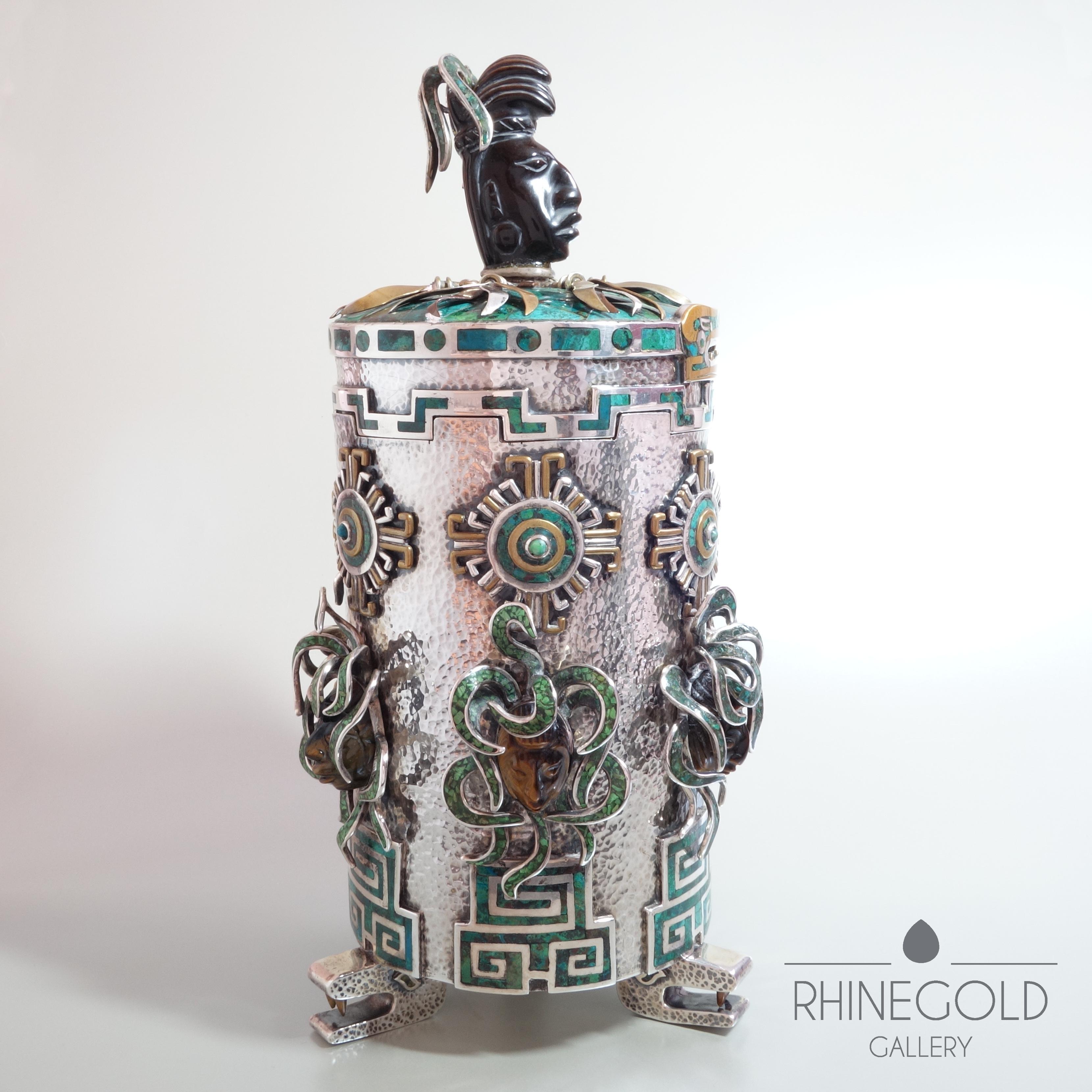 Tono Mexican Aztec Maya Motif Precious Stone Silver Tea Caddy Box For Sale 3