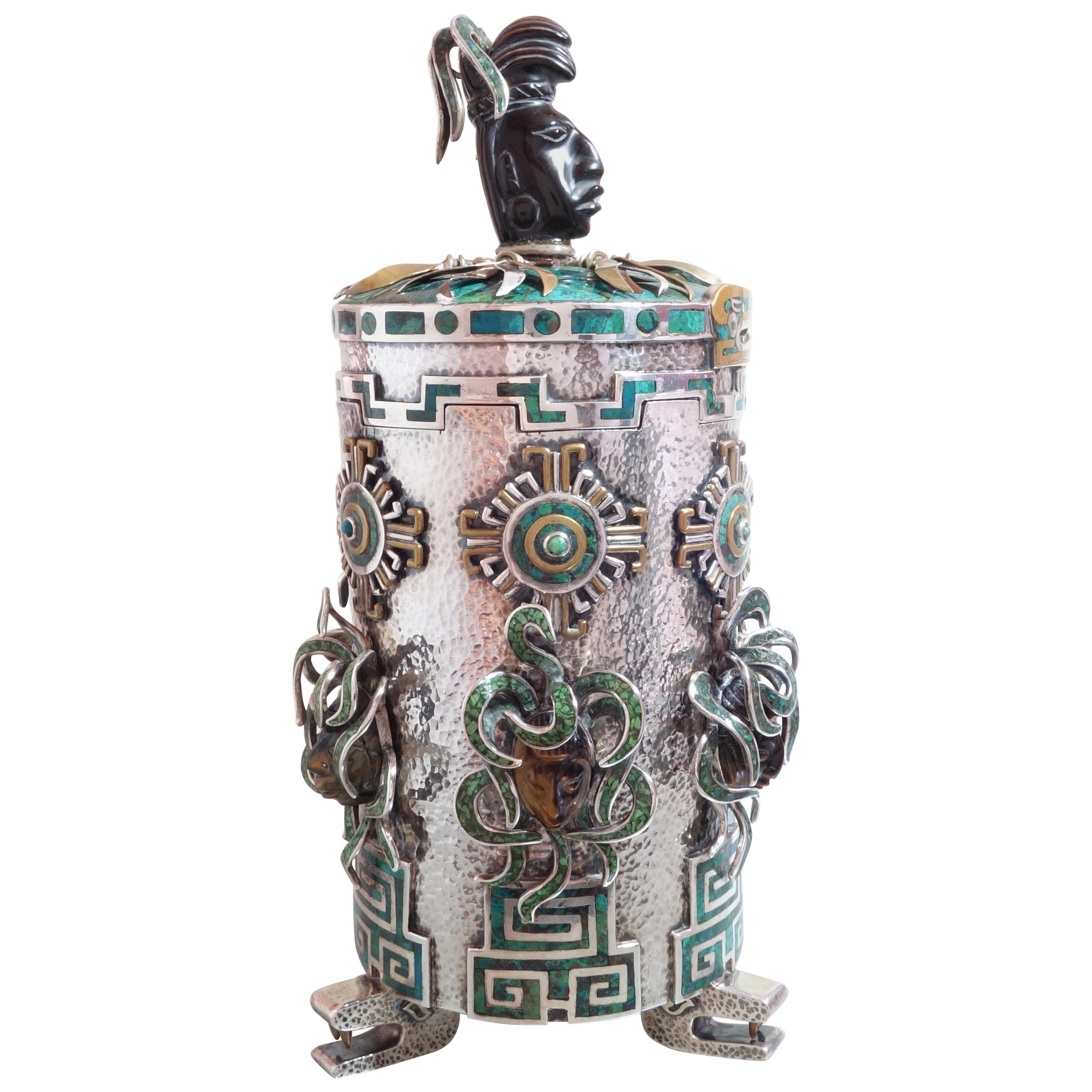 Tono Mexican Aztec Maya Motif Precious Stone Silver Tea Caddy Box For Sale