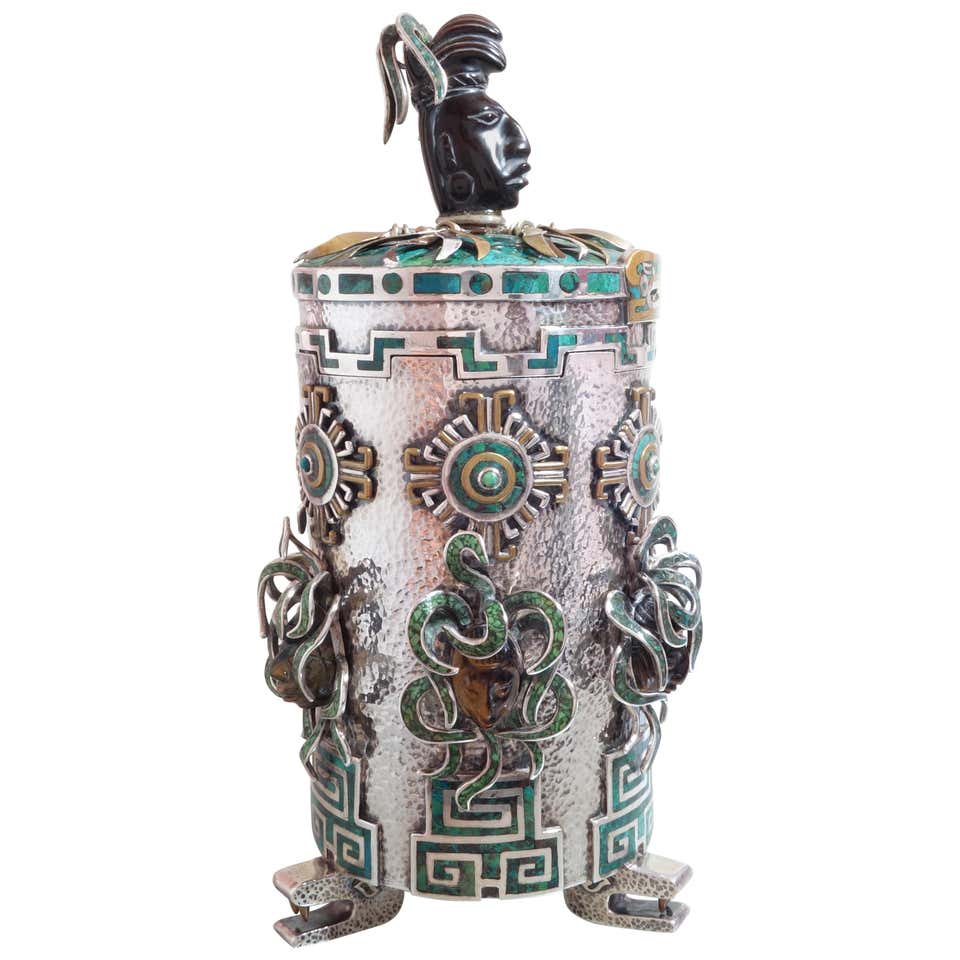 Tono Mexican Aztec Maya Motif Precious Stone Silver Tea Caddy Box For ...