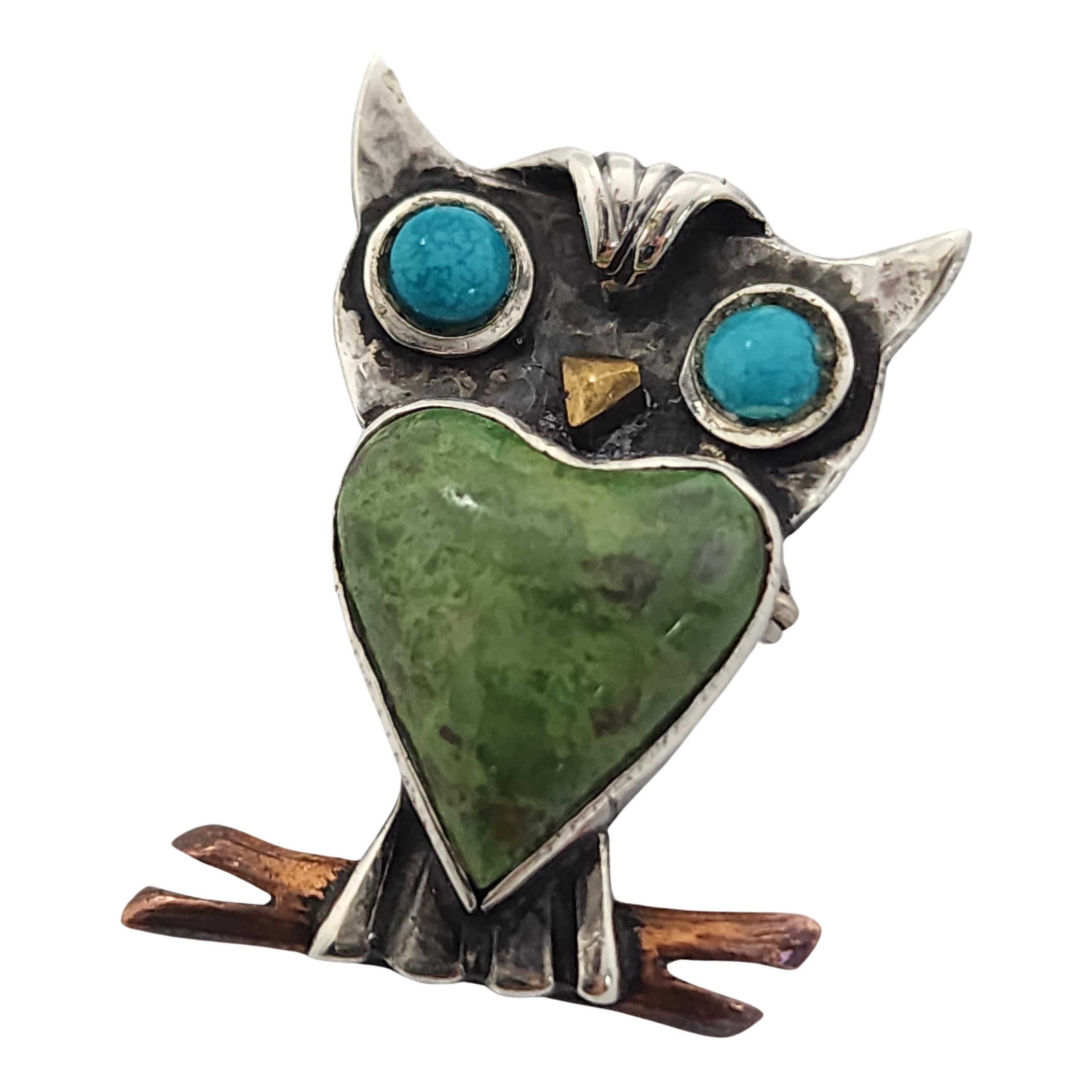 Women's Tono Mexico Sterling Silver Green and Blue Turquoise Owl Pendant/Pin #16083 For Sale