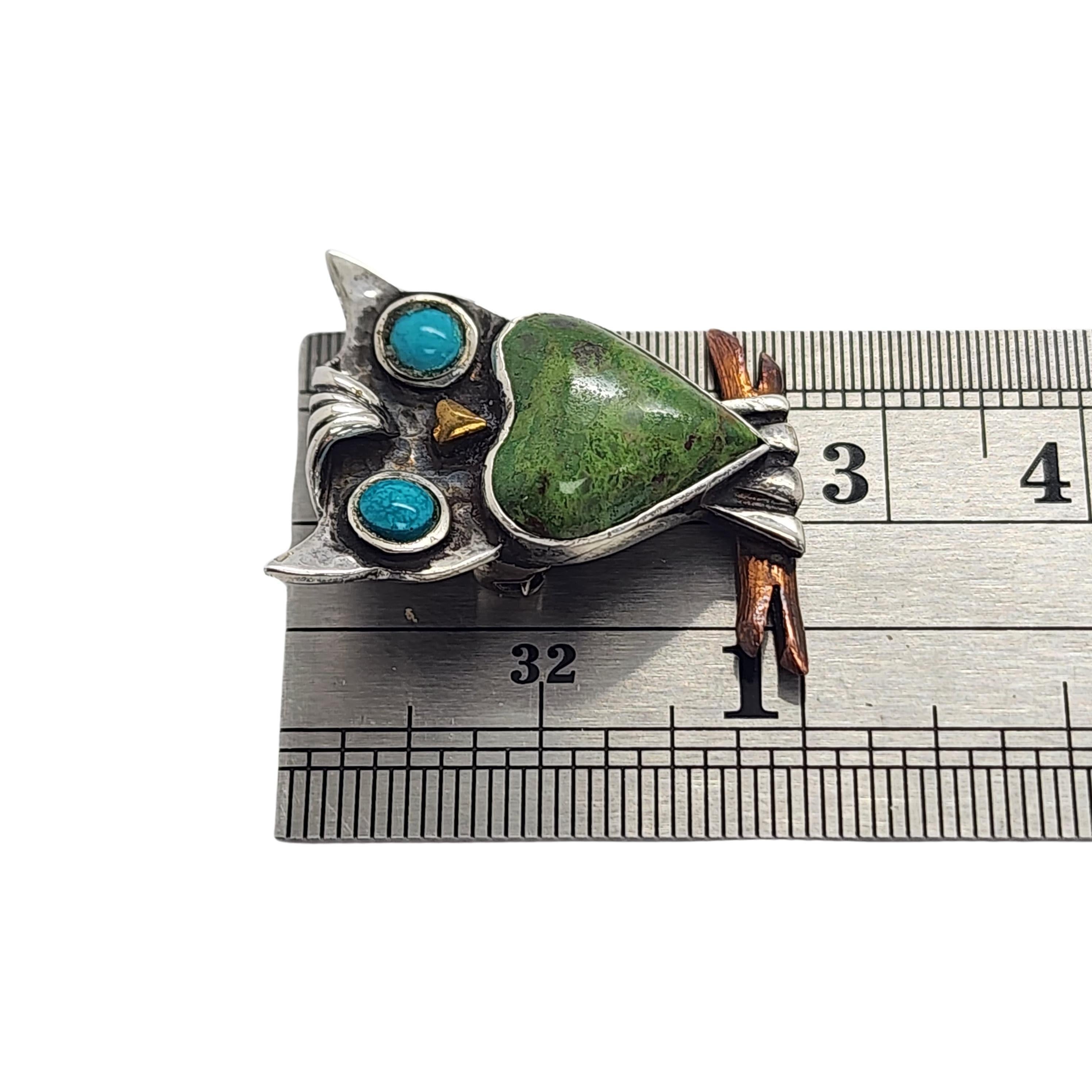 Tono Mexico Sterling Silver Green and Blue Turquoise Owl Pendant/Pin #16083 2