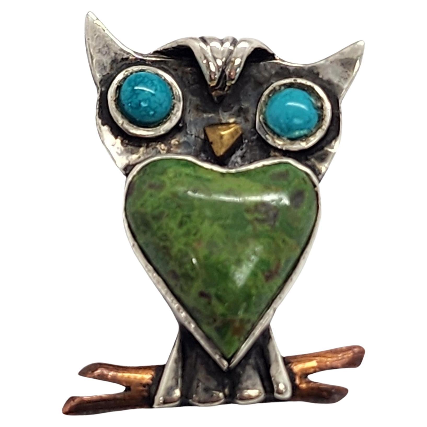 Tono Mexico Sterling Silver Green and Blue Turquoise Owl Pendant/Pin #16083 For Sale