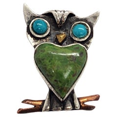 Tono Mexico Sterling Silver Green and Blue Turquoise Owl Pendant/Pin #16083