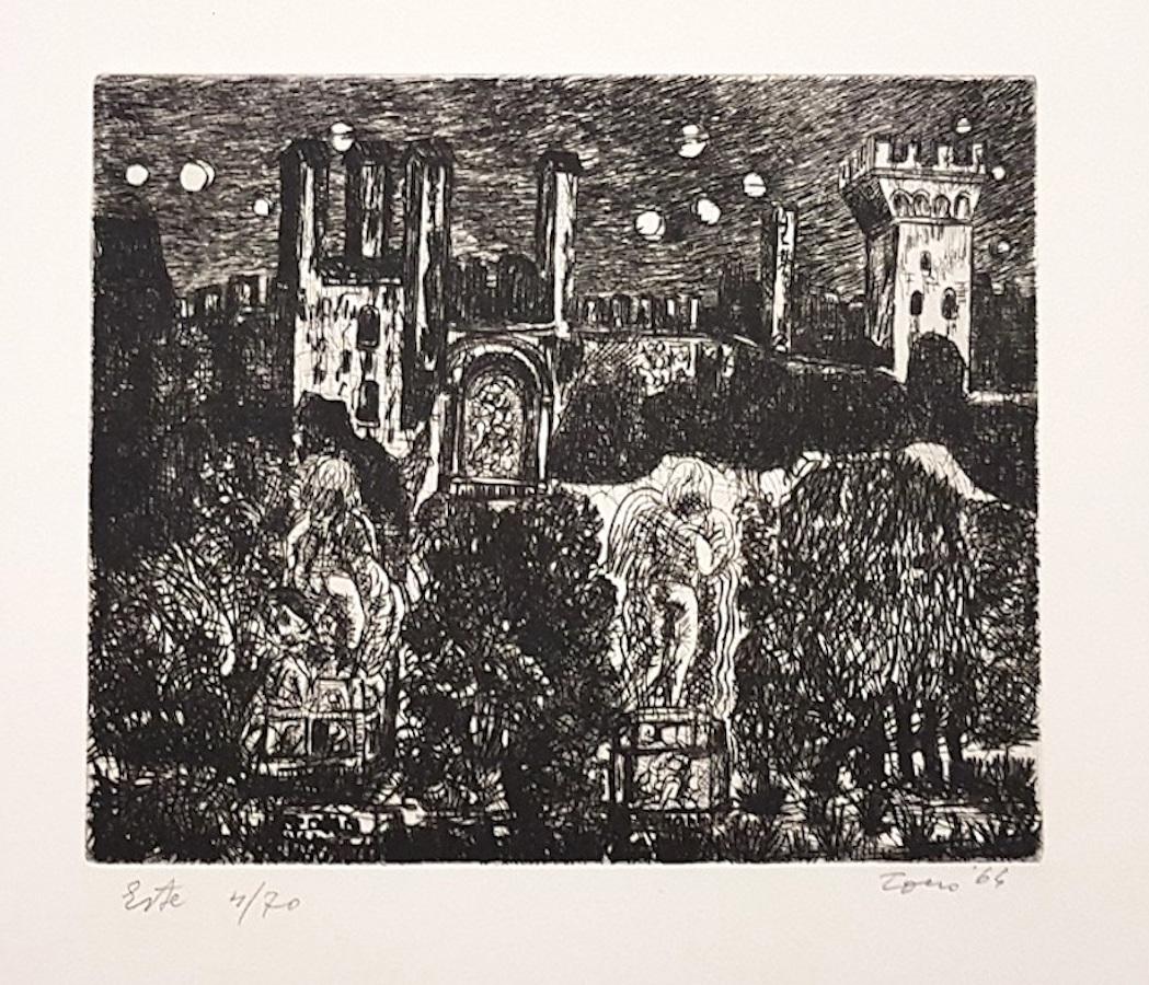 Beautiful etching, representing the wonderful Este's gardens. Edition of 70 prints. Titled, numbered and hand-signed with pencil on lower margin by the Italian artist, Tono Zancanaro. In excellent condition, with the embossing stamp "Libreria Prandi