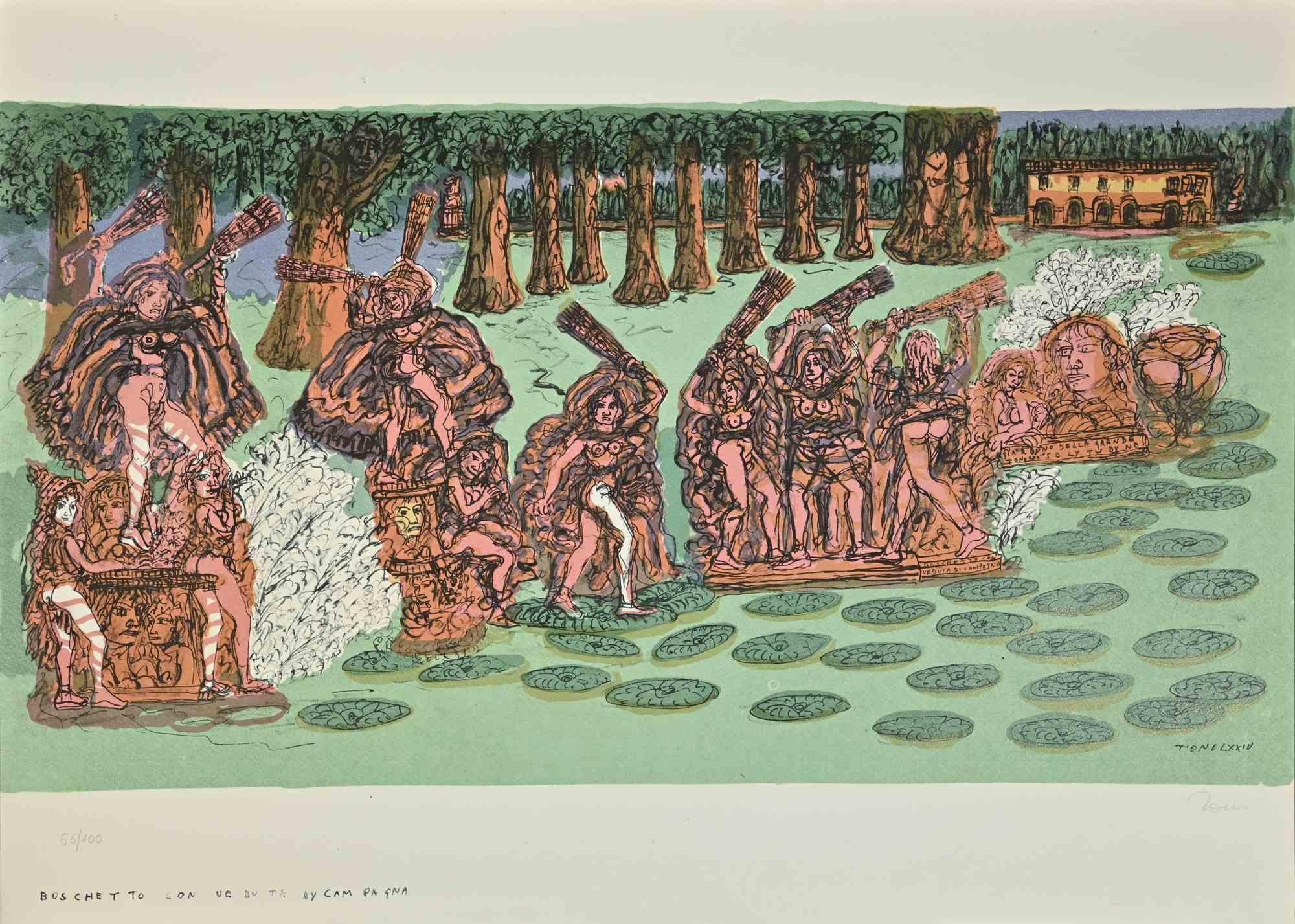 Vista del bosque es una litografía coloreada sobre papel realizada por Tono Zancanaro en 1975.

Firmado a mano con lápiz en la parte inferior.

Edición numerada de 100 copias.

Buenas condiciones.

Publicada en "Opera Buffa" en 1975.Por escenas