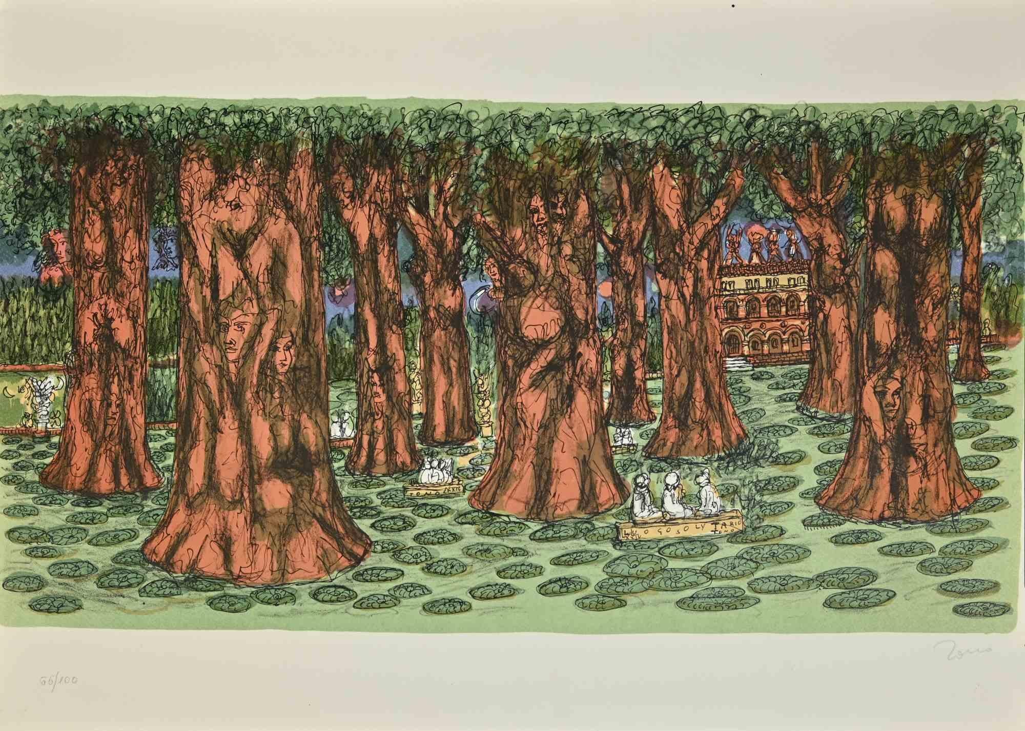 Il Bosco Misterioso è una litografia colorata su carta realizzata da Tono Zancanaro nel 1975.

Firmato a mano a matita sulla parte inferiore.

Edizione numerata di 100 stampe.

Buone condizioni.

Pubblicata in "Opera Buffa" nel 1975.Per le scene di