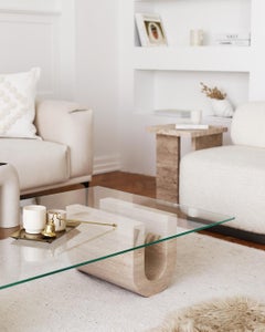 Tonoz Travertine Coffee Table, Iconic Design, Glass Top