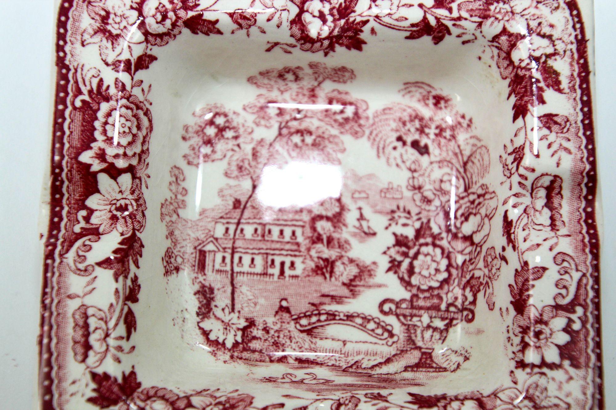 Tonquin Red Pink by ROYAL STAFFORDSHIRE by Clarice Cliff made in England Ashtray.Royal Staffordshire Tonquin Red Pink Clarice Cliff Transferware Dish.Vintage Square dish with a lovely scene of large house by river, bridge, swans & flowers.Use it as