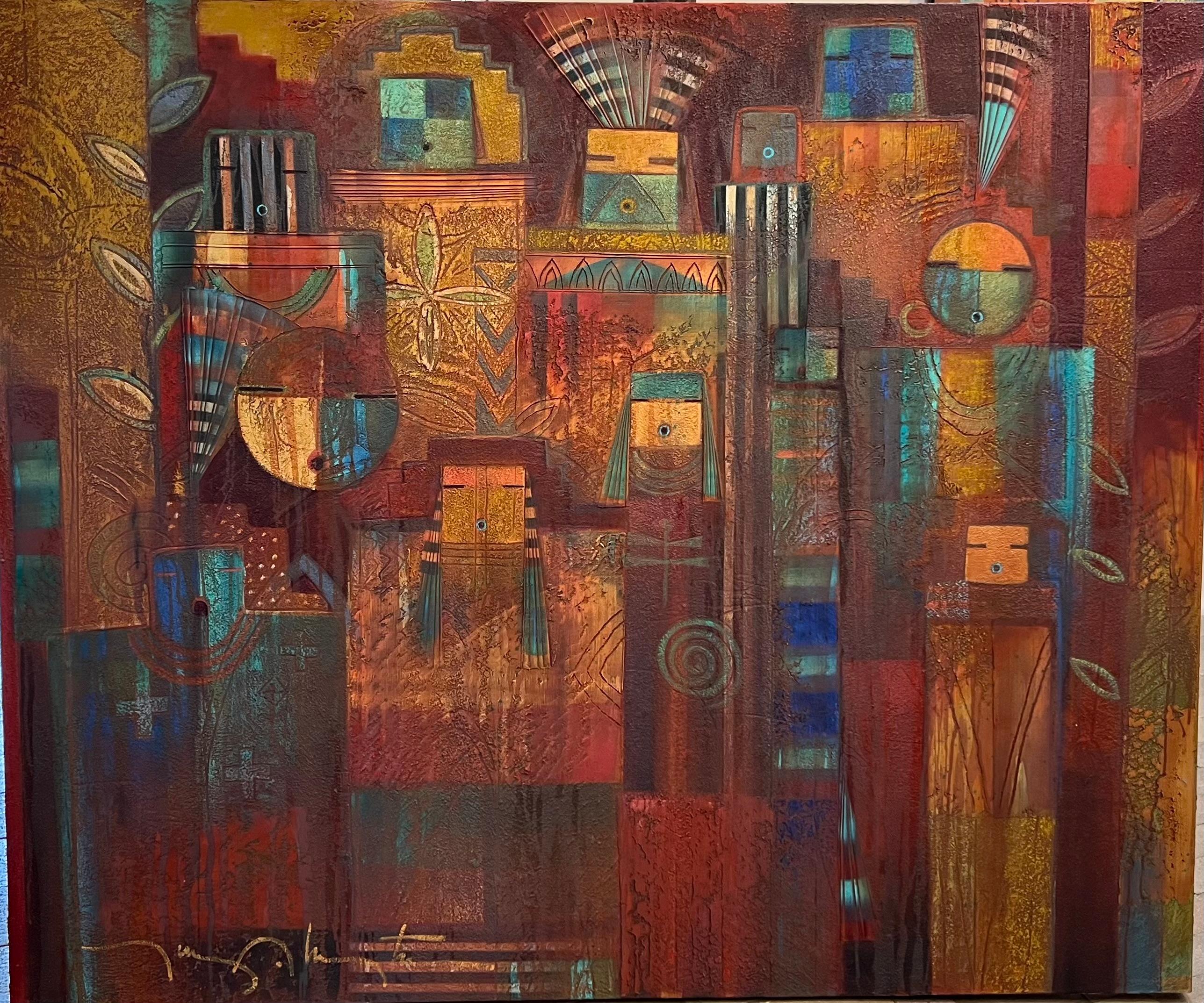 Stone Messages, Malerei, Tony Abeyta, Navajo, Dieties, rot, gelb, braun im Angebot 1