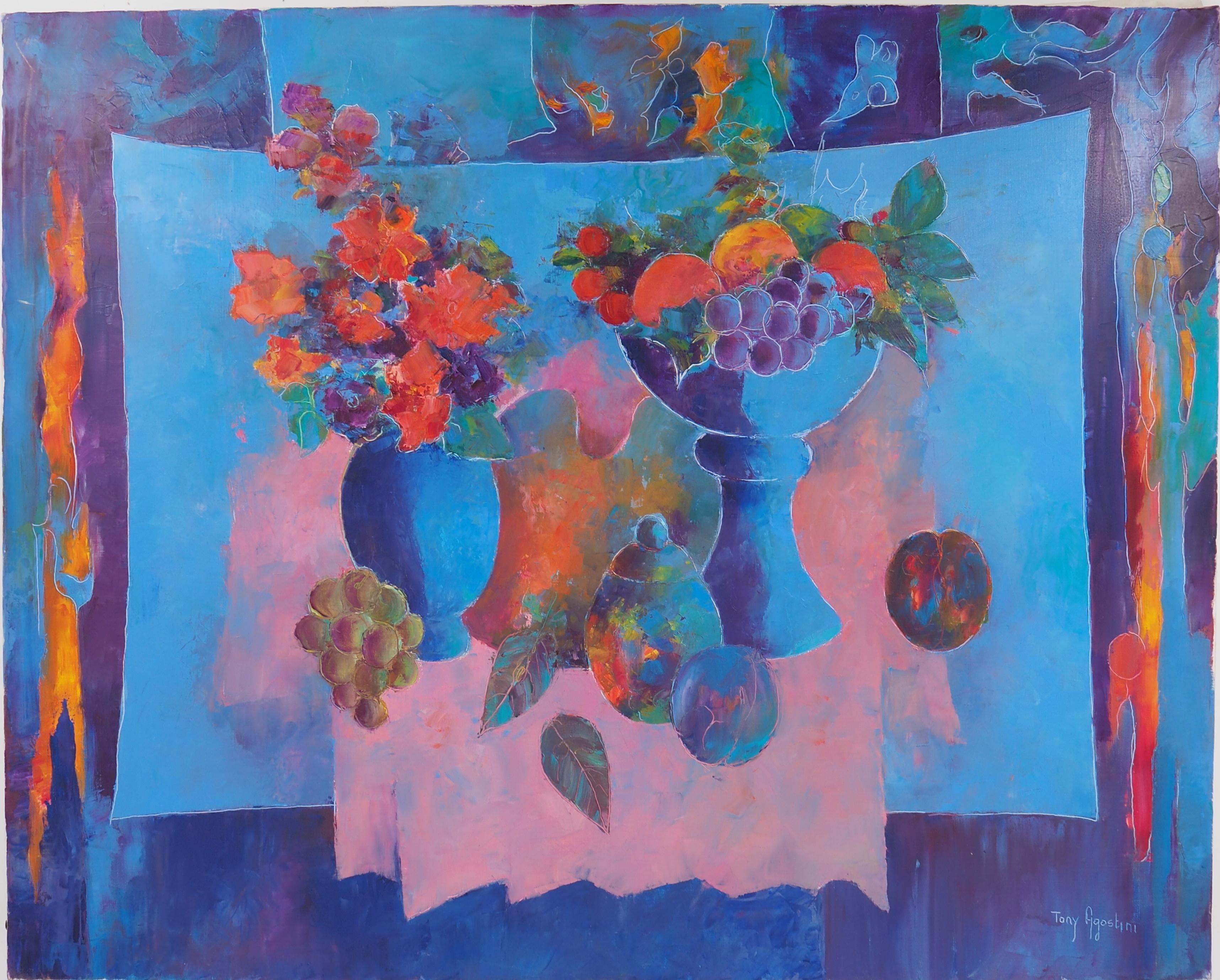 Tony Agostini Interior Painting - Fruits and Flowers on Blue Backgroung - Original Oil on canvas, Handsigned