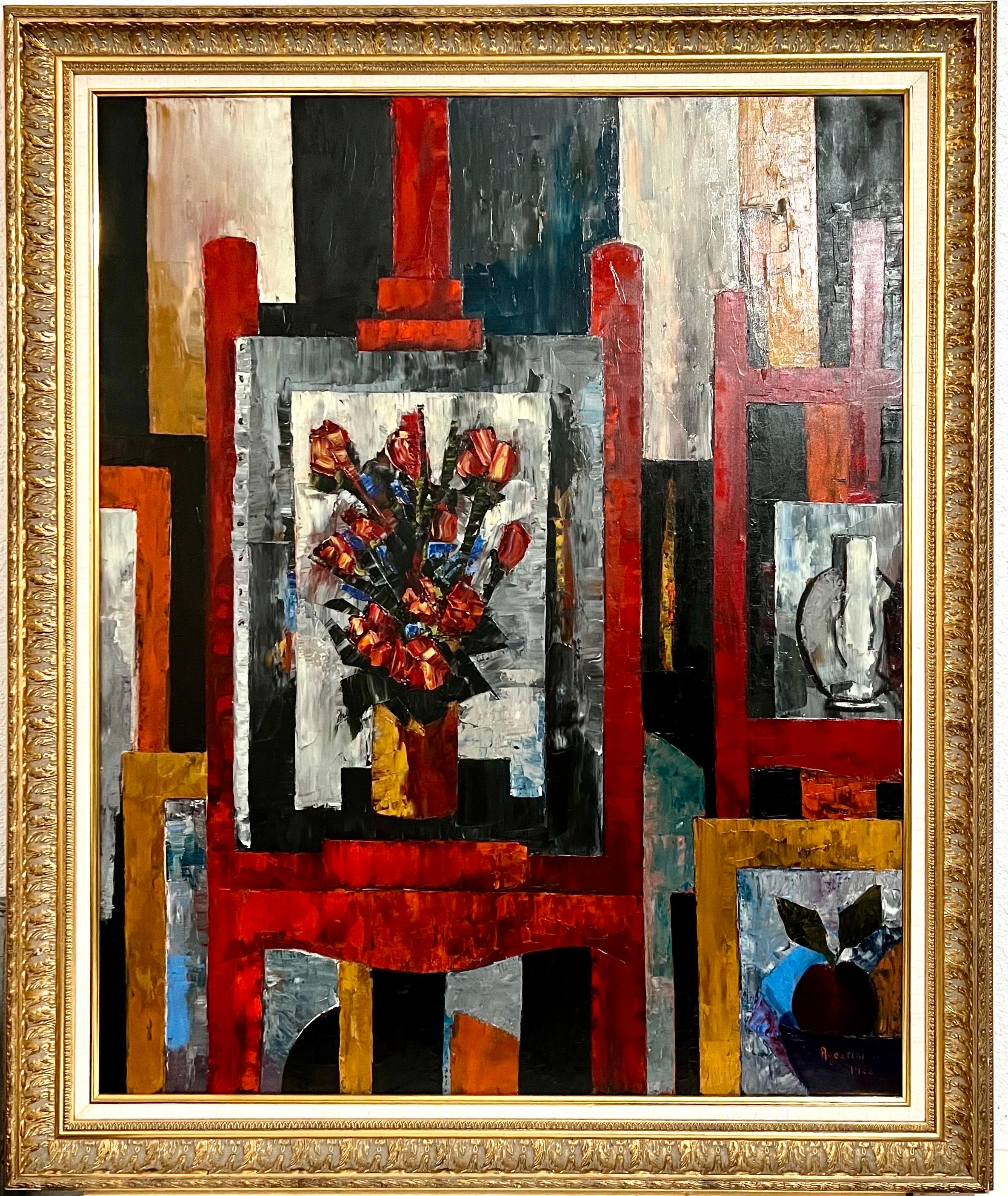 Tony Agostini (French, 1916 - 1990) 
Large oil painting on canvas depicting a still life scene with flowers on a canvas and easel titled "L'Atelier". 
Hand signed to lower right and dated 1958. 
Dimensions: approx. 39 1/2" height x 32" width.