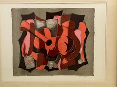"Guitar and Wine" - Lithographie moderne orange, rose et noire de Tony Agostini