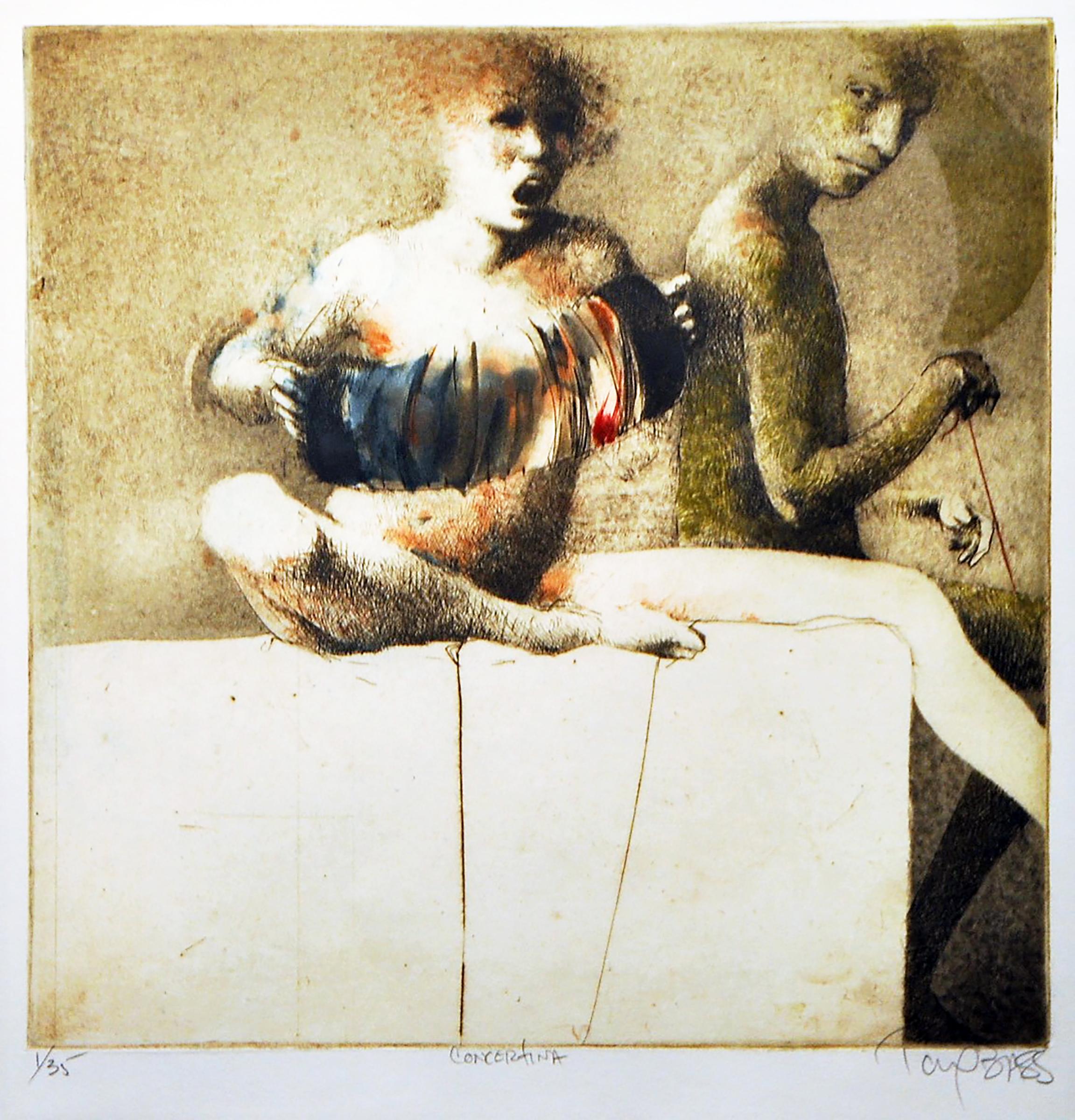 "Concertina" des zeitgenössischen amerikanischen Künstlers Tony Bass ist eine Radierung auf Papier, die zwei menschliche Figuren darstellt: eine sitzende Frau, die singt und etwas zu spielen scheint, was ein Akkordeon zu sein scheint, während eine