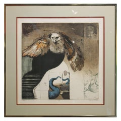 Vintage "IV" Contemporary Figurative Owl Lithograph, Edition 39 of 50 