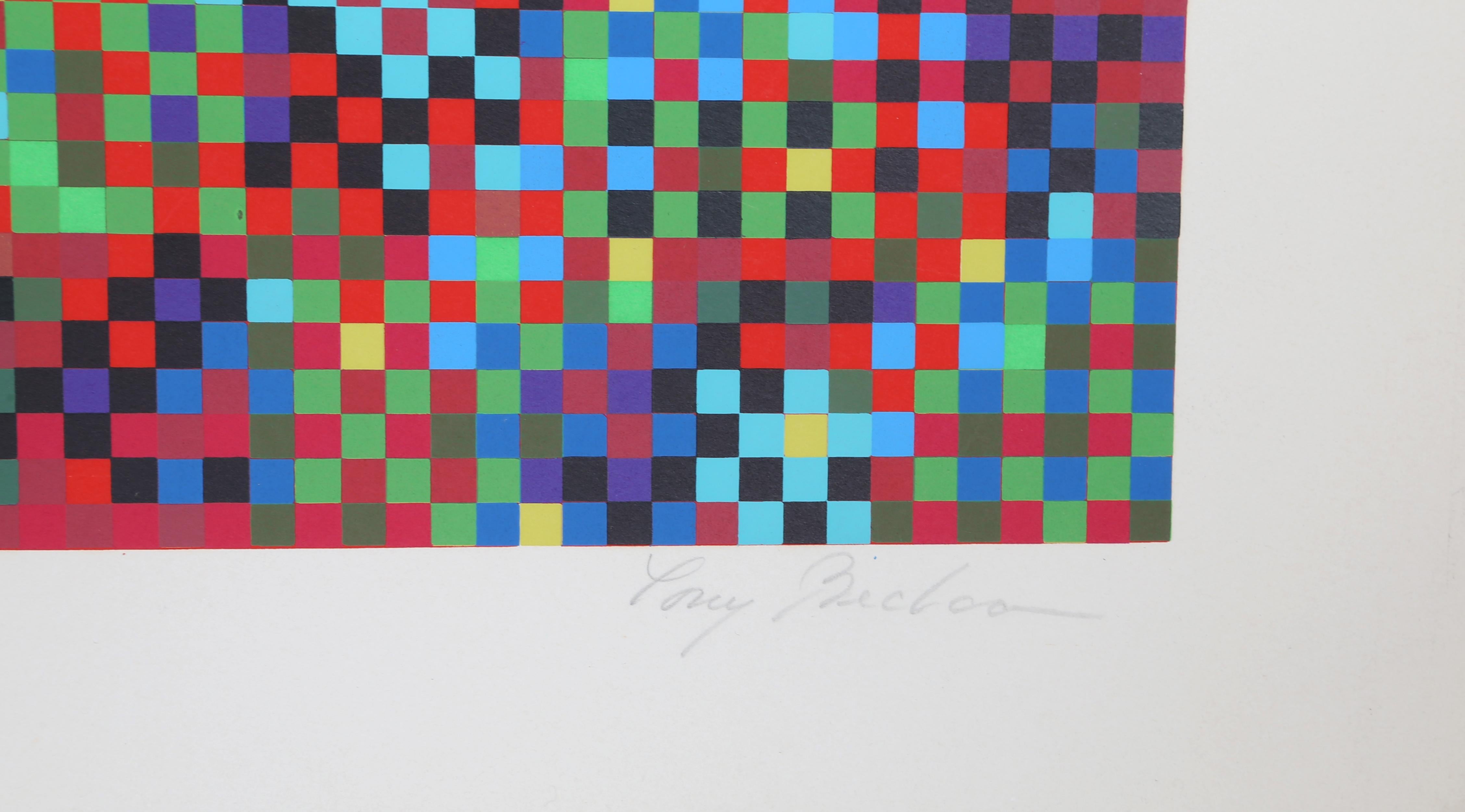 La composition abstraite de Tony Bechara en rouge, bleu et vert aborde la question de la visibilité et de la représentation dans l'art. Abstrait et flou, ce rendu est emblématique de ses œuvres qui s'appuient souvent sur des motifs et des