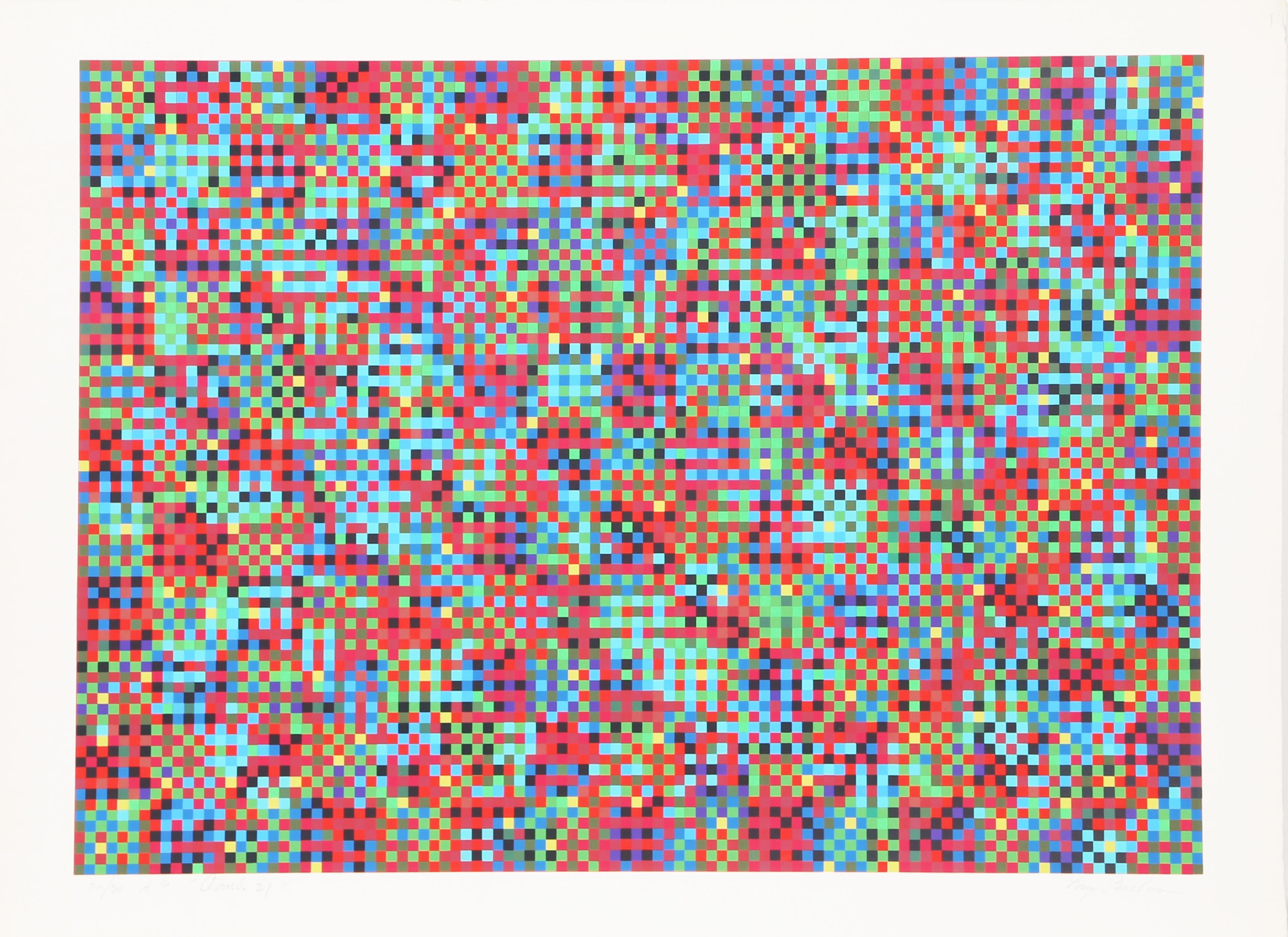 Tony Becharas abstrakte Komposition in Rot, Blau und Grün beschäftigt sich mit der Frage der Sichtbarkeit und Darstellung in der Kunst. Diese abstrakte und verschwommene Darstellung ist sinnbildlich für seine Werke, die oft auf zufällige Muster und