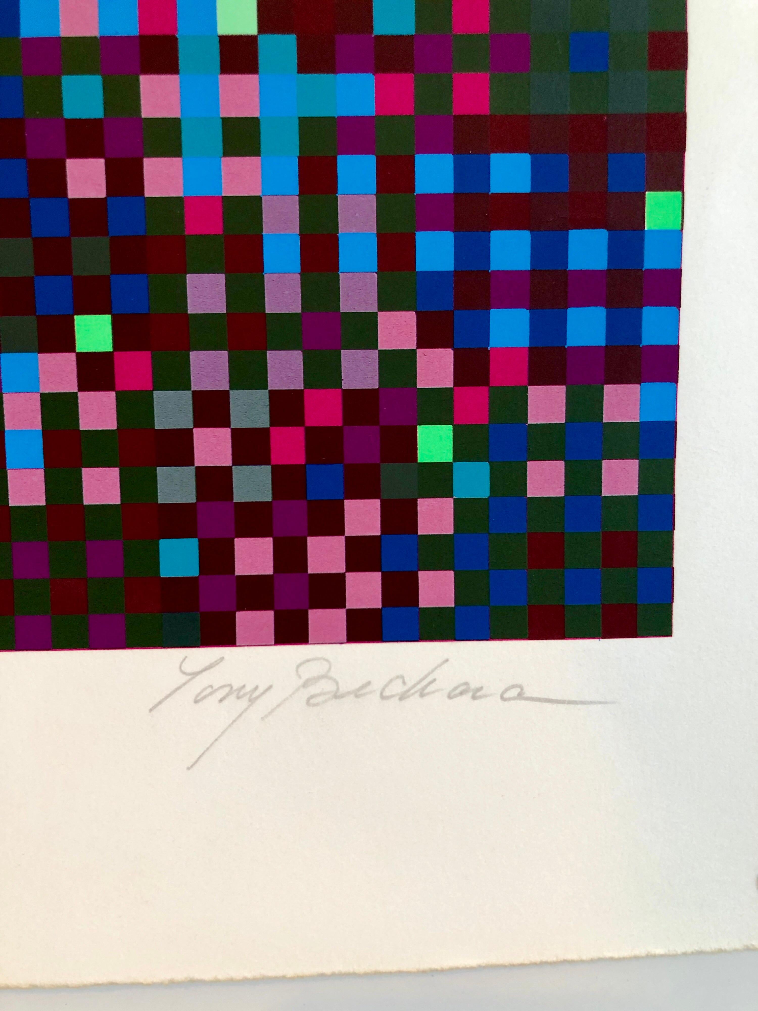 Farbiges Raster. Ziggurat-Form. Handsignierter und nummerierter Siebdruck.
Tony Bechara, Künstler, geboren 1942 in Puerto Rico. Malerin, Grafikerin. Bechara besuchte die Georgetown University in Washington, D.C., und die School of Jurisprudence and