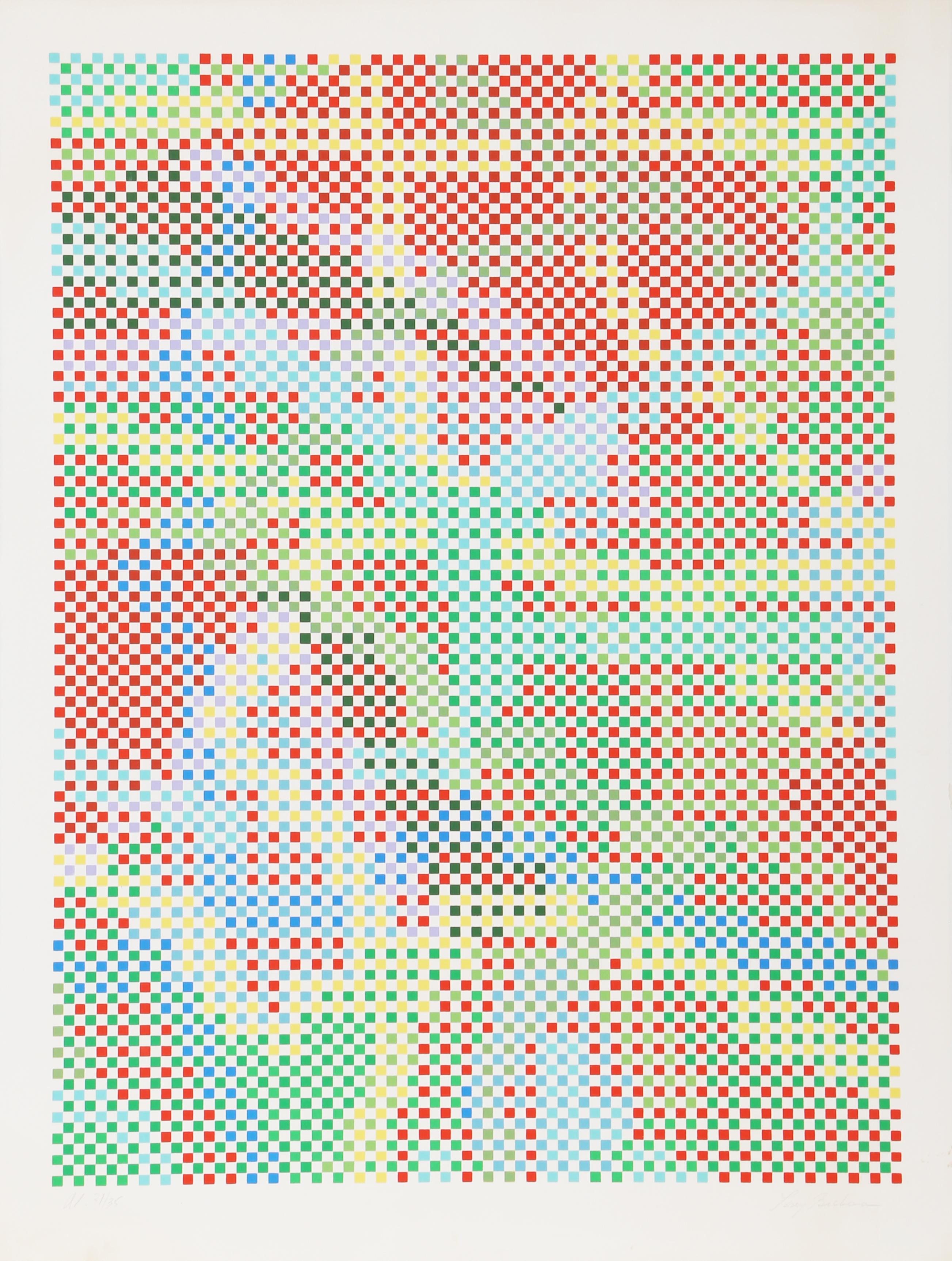 Tony Bechara’s abstract composition in red, blue, and green with the issue of visibility and representation in art. Abstracted and hazy, this rendering is emblematic of his works that often rely on random patterns and arrangements to convey their