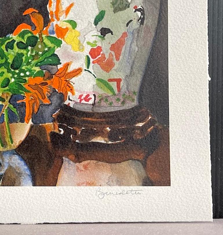 JARRON CHINO Litografía firmada, Bodegón interior, Flores naranjas en venta 1
