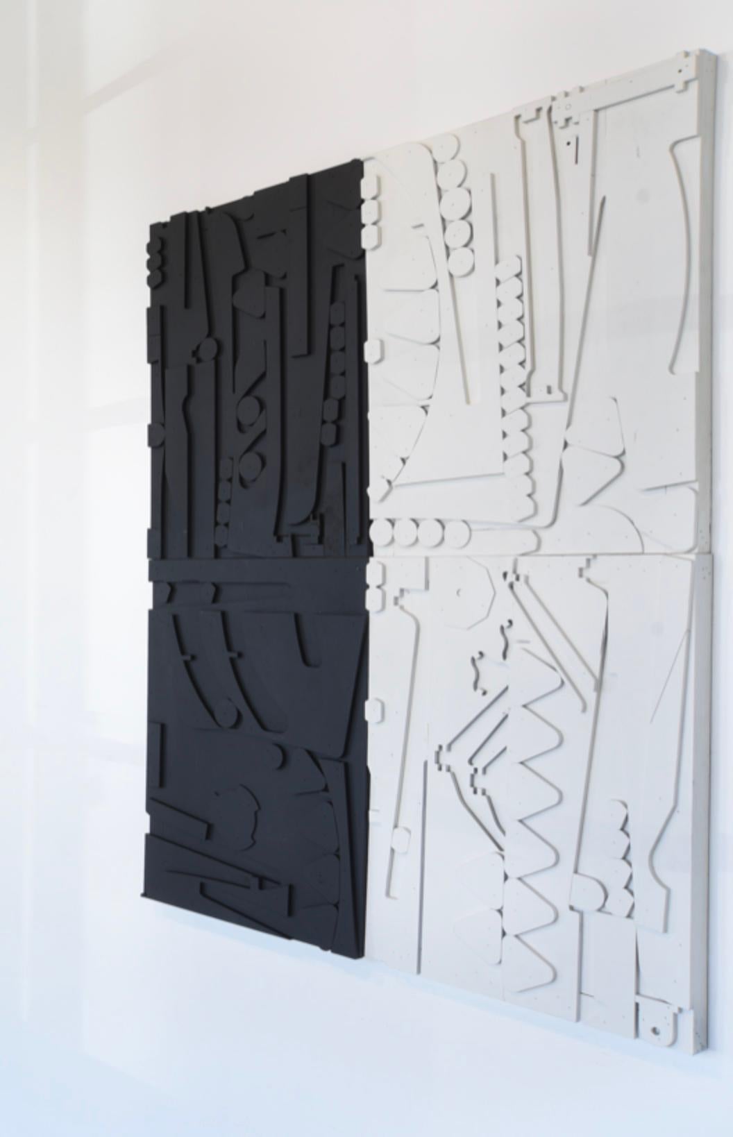 Black and White, abstract, recycled wood, acrylic paint, wall sculpture - Abstract Sculpture by Tony Brown