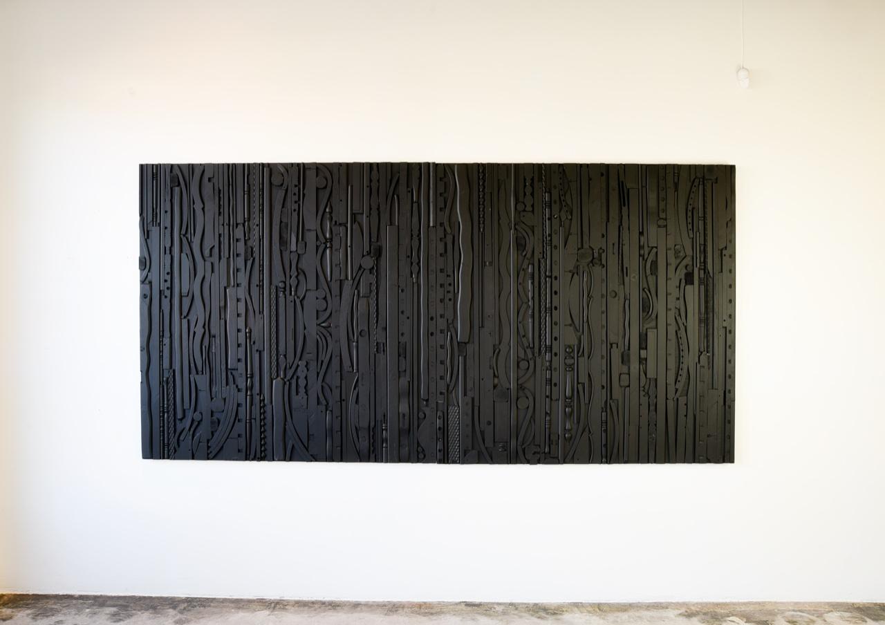 Black, recycled, wood, abstract, large wall sculpture - Abstract Sculpture by Tony Brown