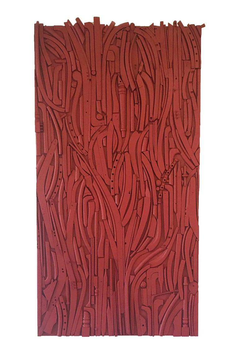 Tony Brown Abstract Sculpture - Red, wood, texture, large sculpture