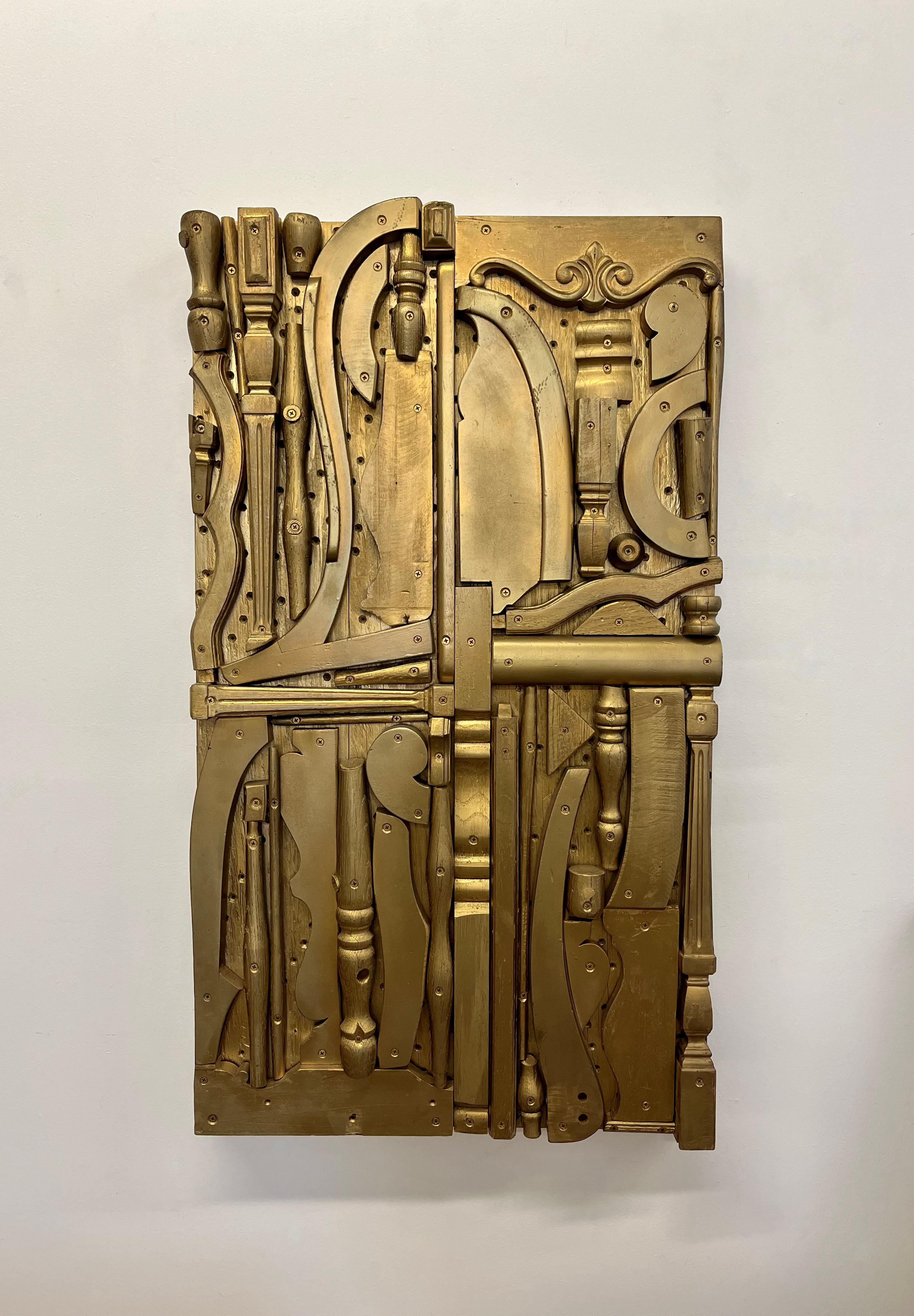 Untitled (Gold),  abstract, sculpture, flat wall piece, golden, short, geometric - Sculpture by Tony Brown