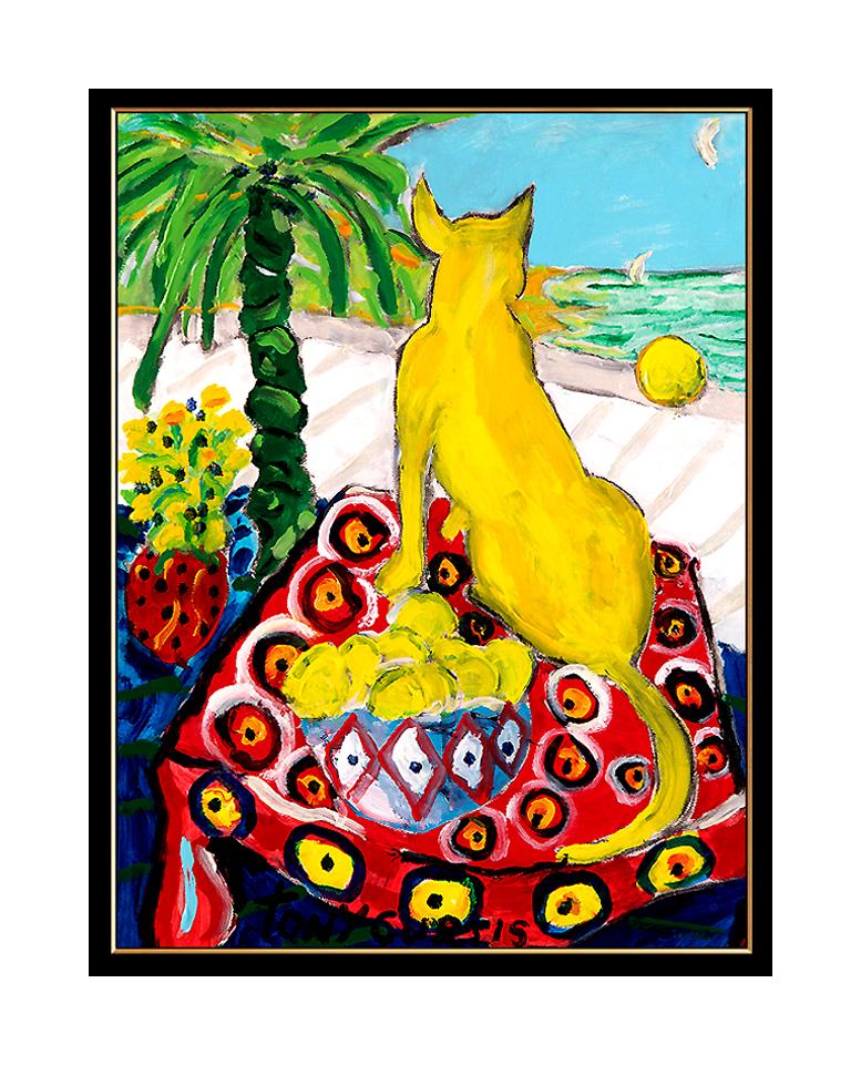 Actor TONY CURTIS Original OIL PAINTING ON CANVAS Signed Still Life with Cat Art - Painting by Tony Curtis