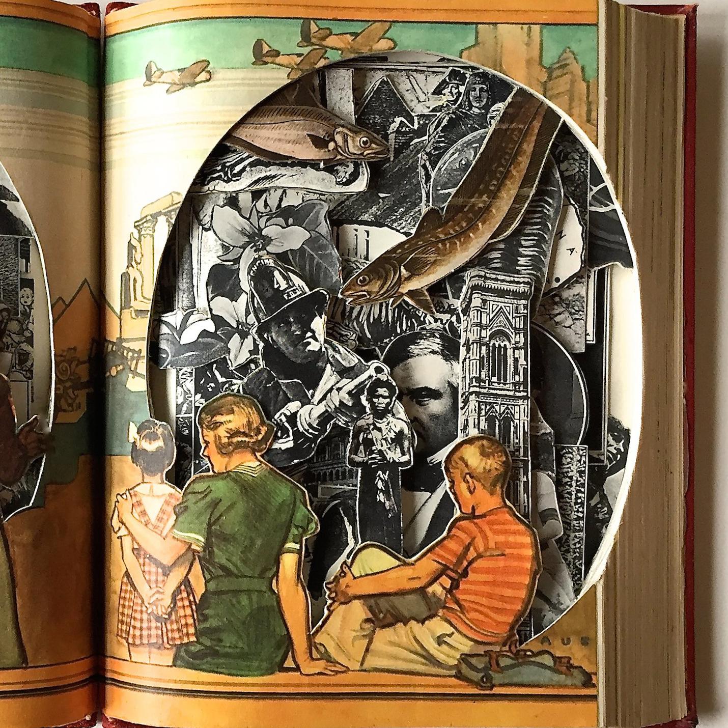 Since 2015, Dagradi has been exploring the compelling visual possibilities of altered books. Choosing vintage and antiquarian texts, he carefully cuts through one page at a time to reveal existing images in a three dimensional collage or sculpture.