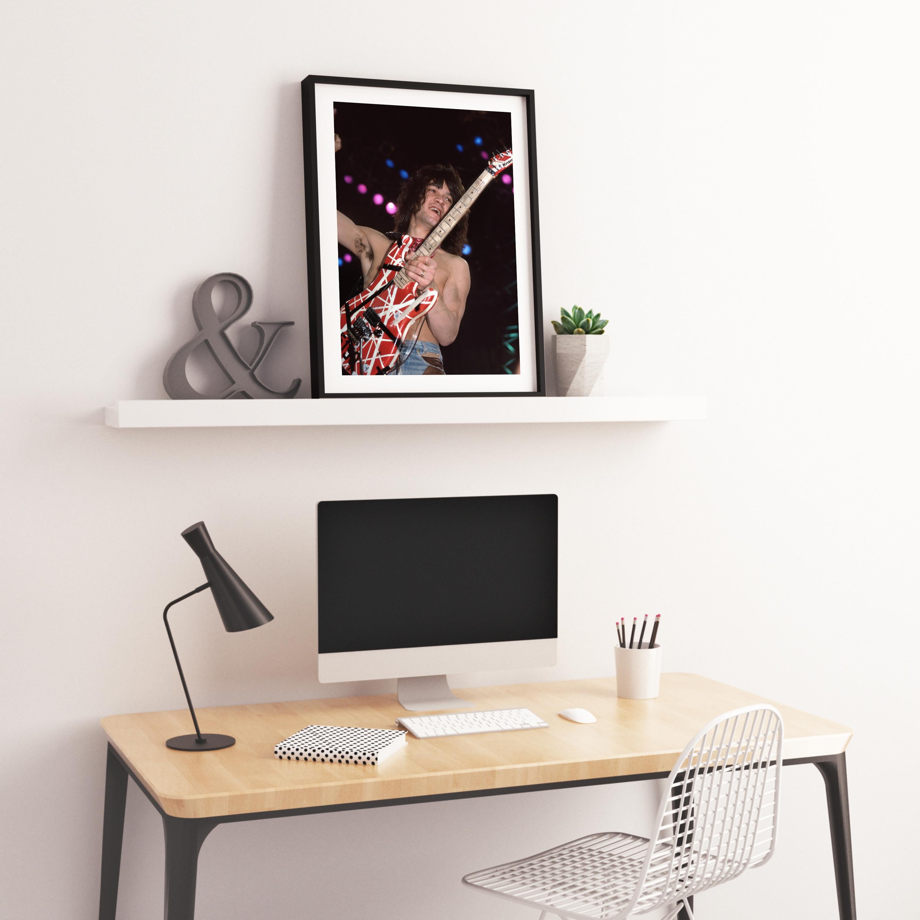Eddie Van Halen Smiling on Stage Fine Art Print - Black Portrait Photograph by Tony Defilippis