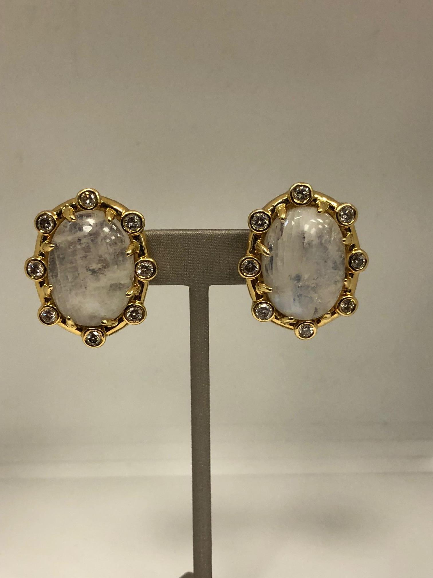 Tony Duquette 18 Karat Gold Moonstone and Diamond Large Ear Clips In Good Condition In New York, NY