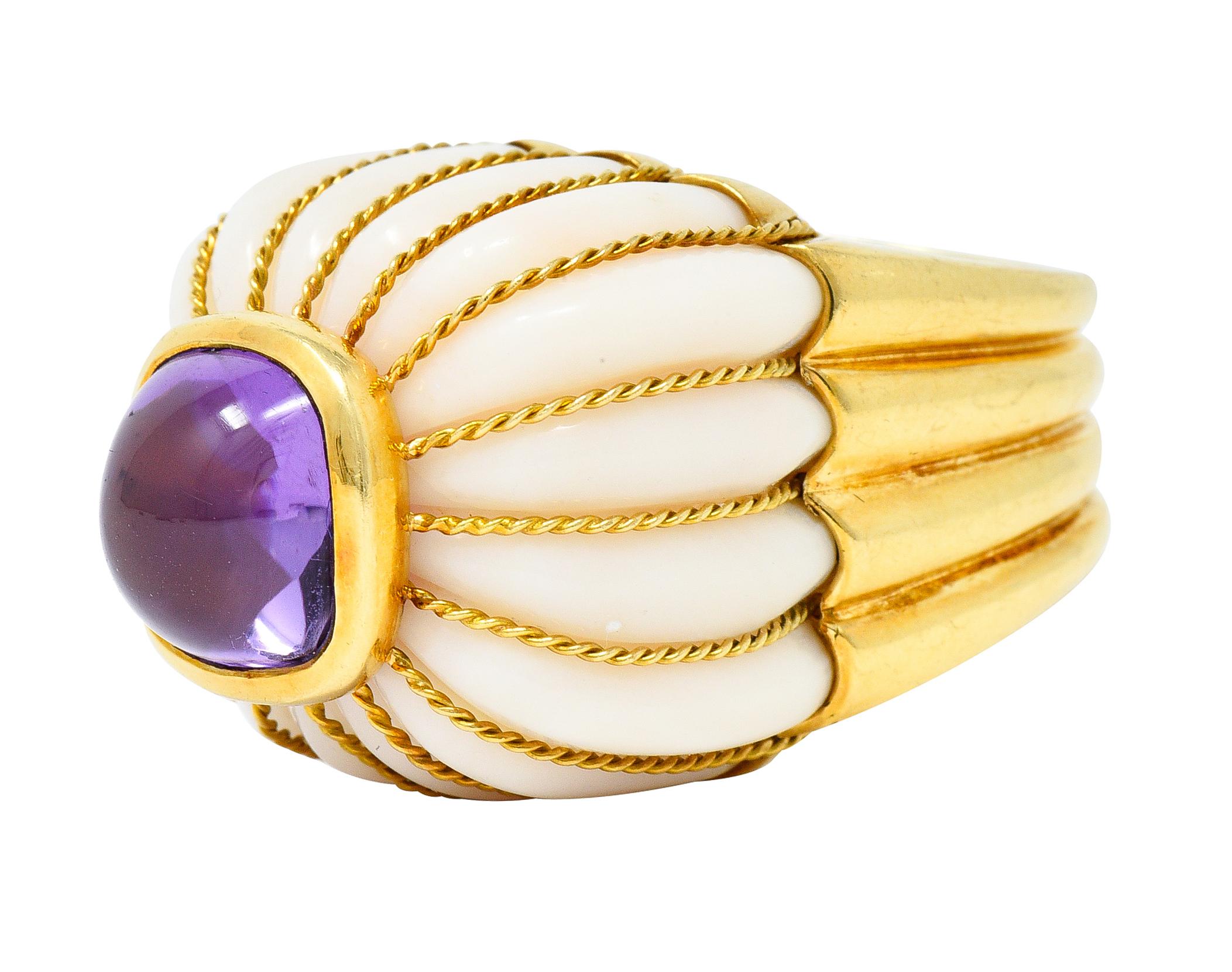 Tony Duquette 1960s Amethyst Carved White Coral 18 Karat Yellow Gold Ring In Excellent Condition In Philadelphia, PA
