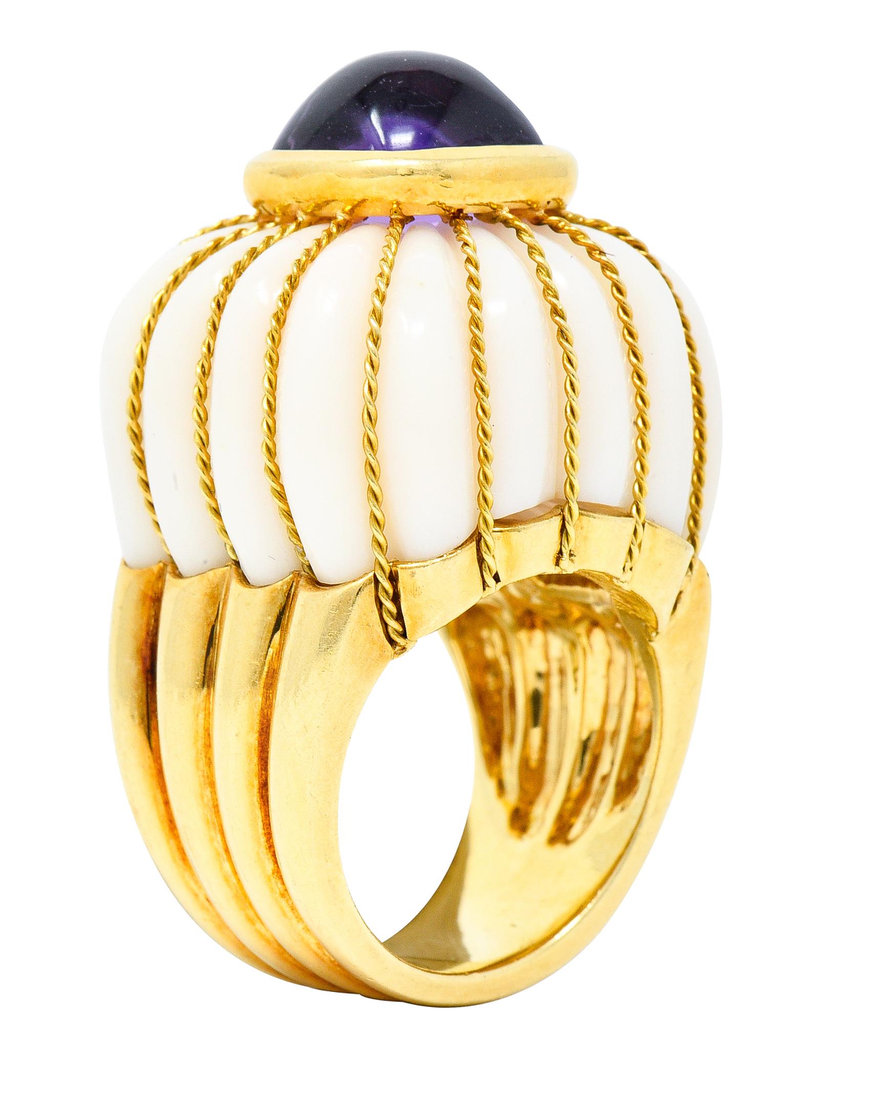 Tony Duquette 1960s Amethyst Carved White Coral 18 Karat Yellow Gold Ring 2