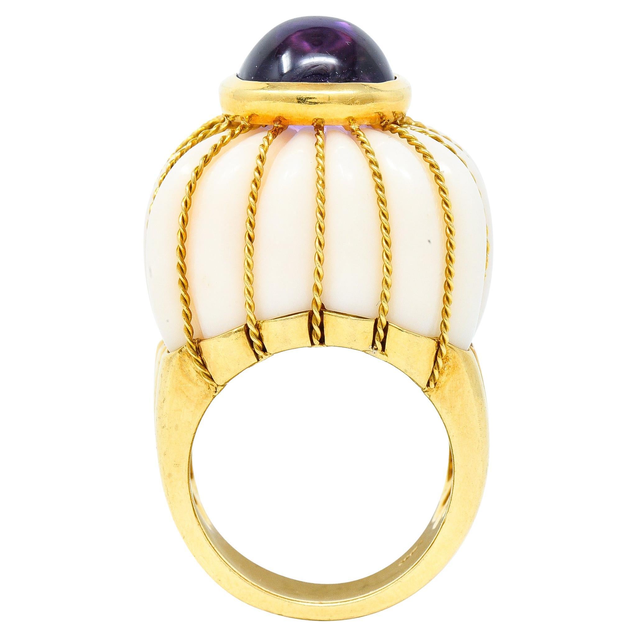 Tony Duquette 1960s Amethyst Carved White Coral 18 Karat Yellow Gold Ring