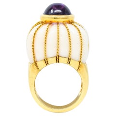 Tony Duquette 1960s Amethyst Carved White Coral 18 Karat Yellow Gold Ring