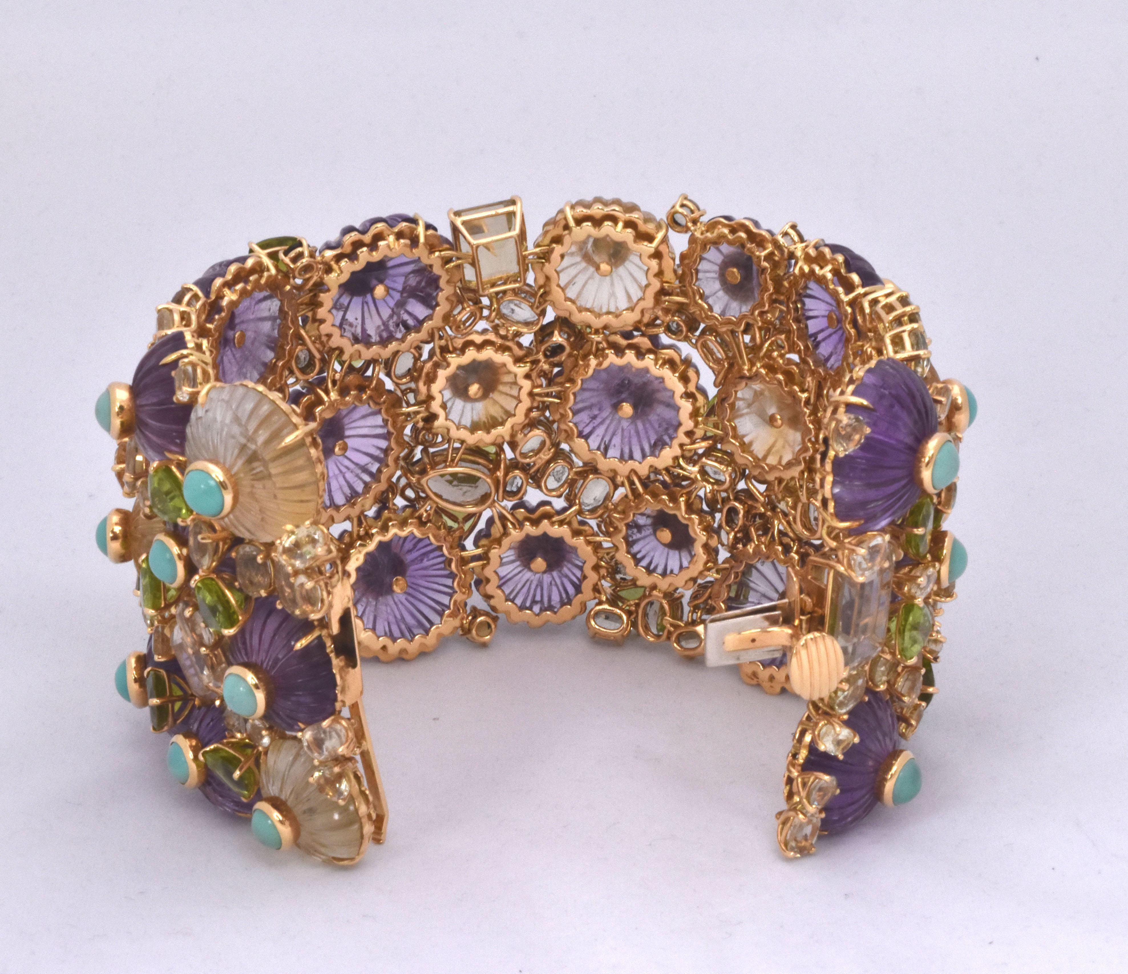 Contemporary Tony Duquette Signed Amethyst Citrine Peridot Turquoise Gold Statement Bracelet