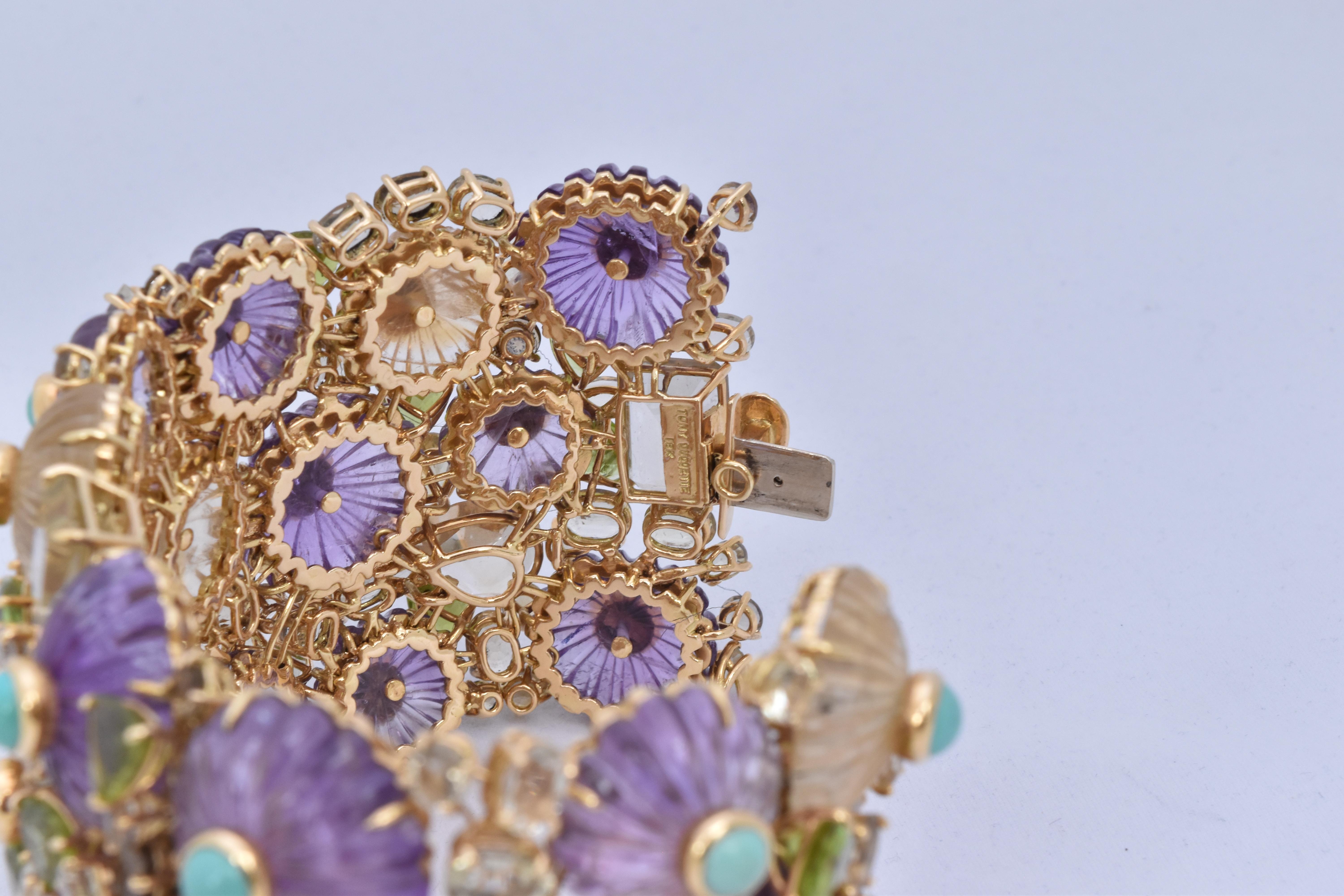 Mixed Cut Tony Duquette Signed Amethyst Citrine Peridot Turquoise Gold Statement Bracelet