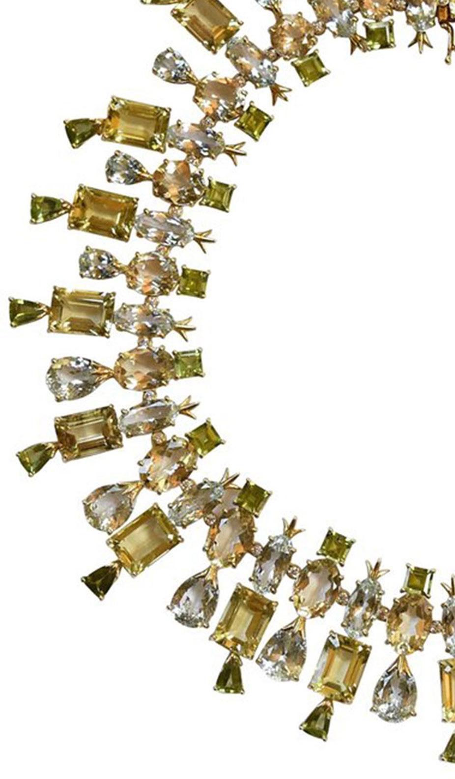 Sensational Aquamarine (app. 125 ct.), Citrine (app. 147 ct.),  Peridot (app. 44 ct.) and Scapolite (app. 85 ct.) Necklace beautifully hand crafted in 18k Gold by Tony Duquette, Designer Extraordinaire! 14.63 in long x 1.75 in wide; signed: TONY