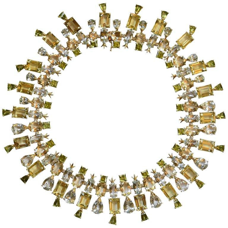 Contemporary Tony Duquette Aquamarine Citrine Peridot Scapolite Heirloom Gold Necklace