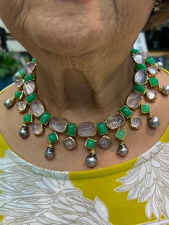 Tony Duquette Chrysoprase Rose Quartz Tahitian Pearl 18k Yellow Gold Necklace
