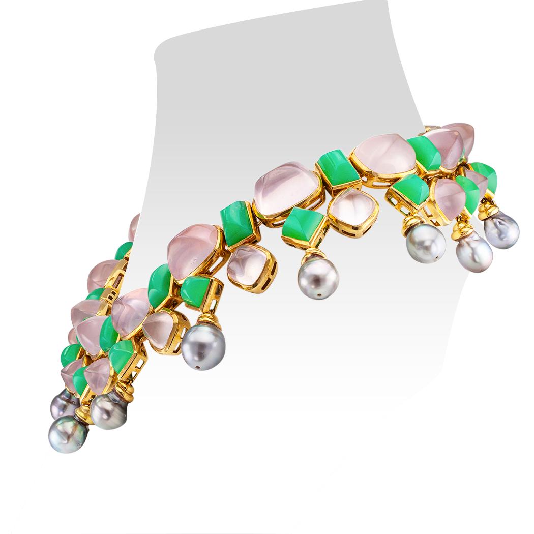 Tony Duquette Halskette aus 18 Karat Gelbgold mit Chrysopras, Rosenquarz und Tahiti-Perlen im Angebot 1