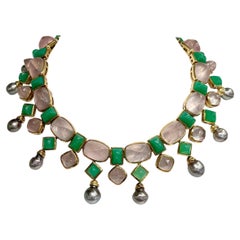 Tony Duquette Chrysoprase Rose Quartz Tahitian Pearl 18k Yellow Gold Necklace