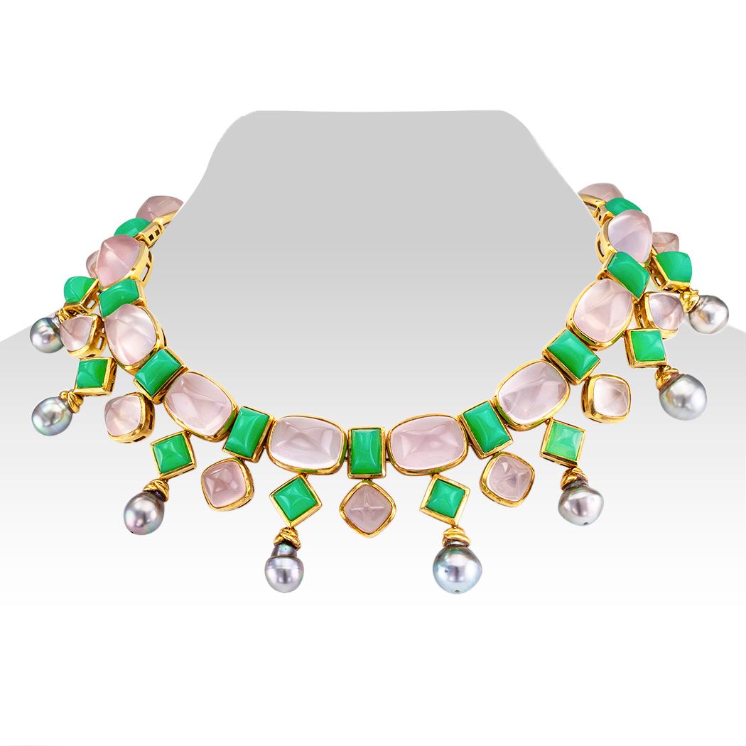 Contemporary Tony Duquette Chrysoprase Rose Quartz Tahitian Pearl Gold Necklace For Sale