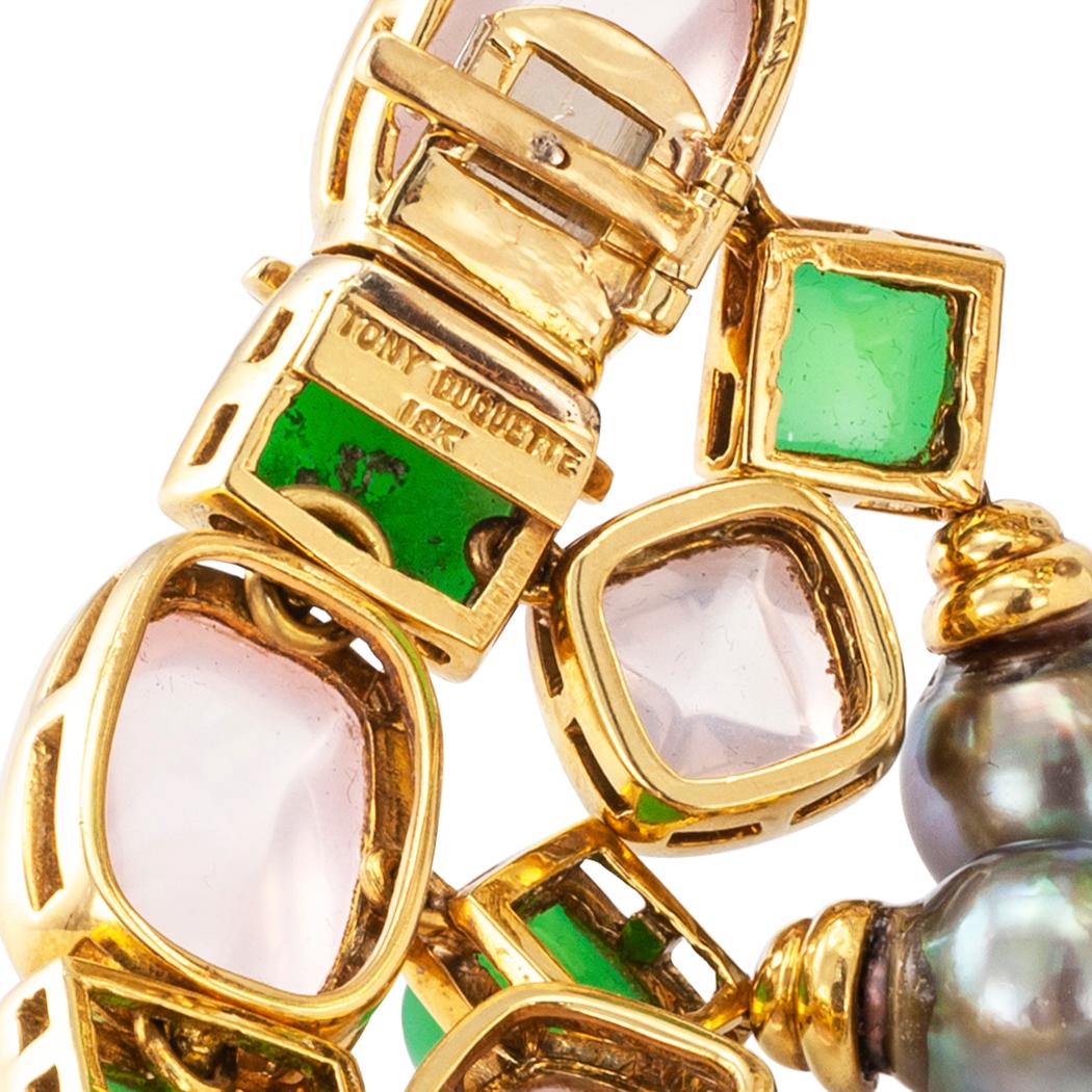 Women's Tony Duquette Chrysoprase Rose Quartz Tahitian Pearl Gold Necklace For Sale