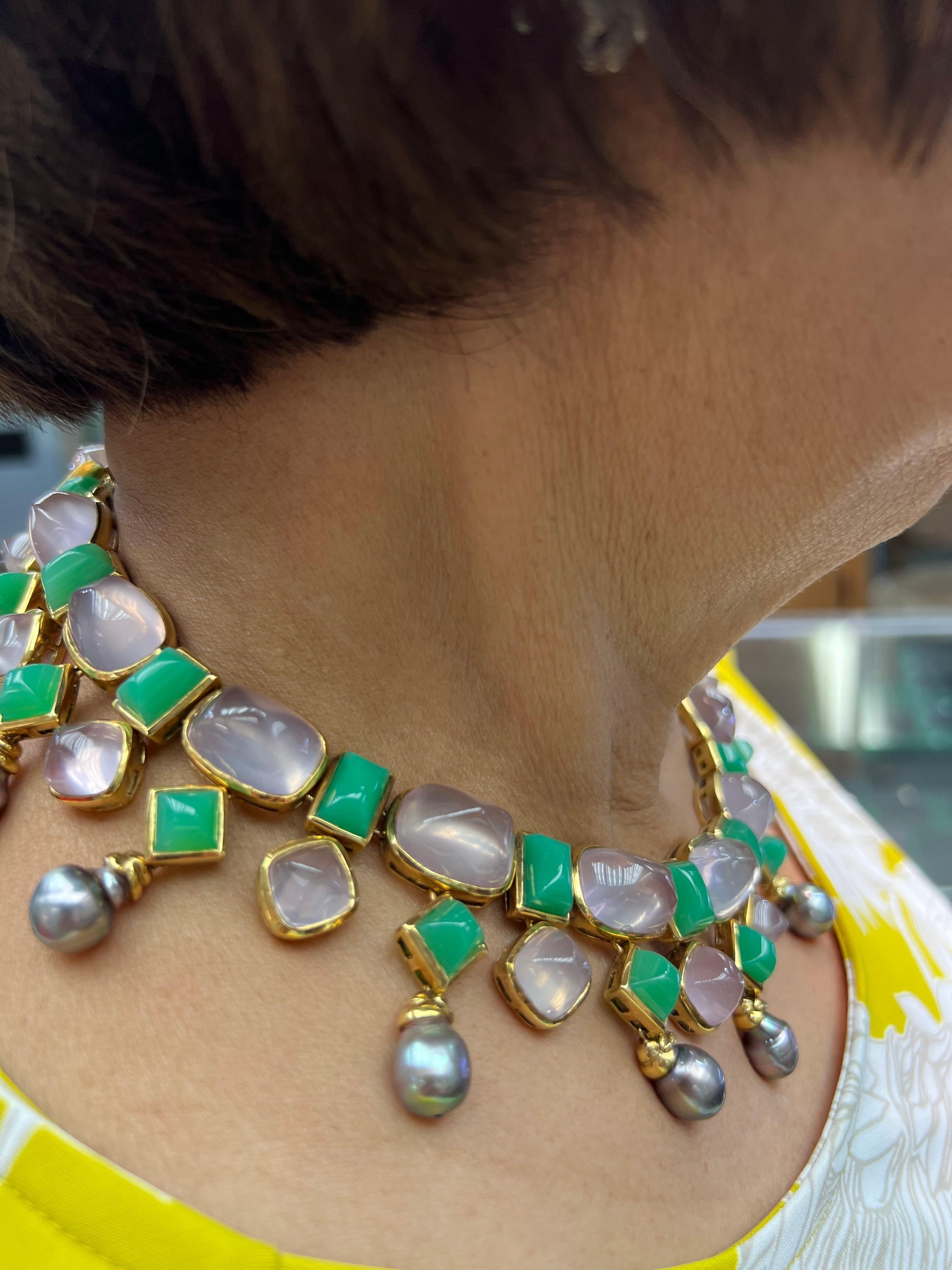 Tony Duquette Chrysoprase Rose Quartz Tahitian Pearl Gold Necklace For Sale 2