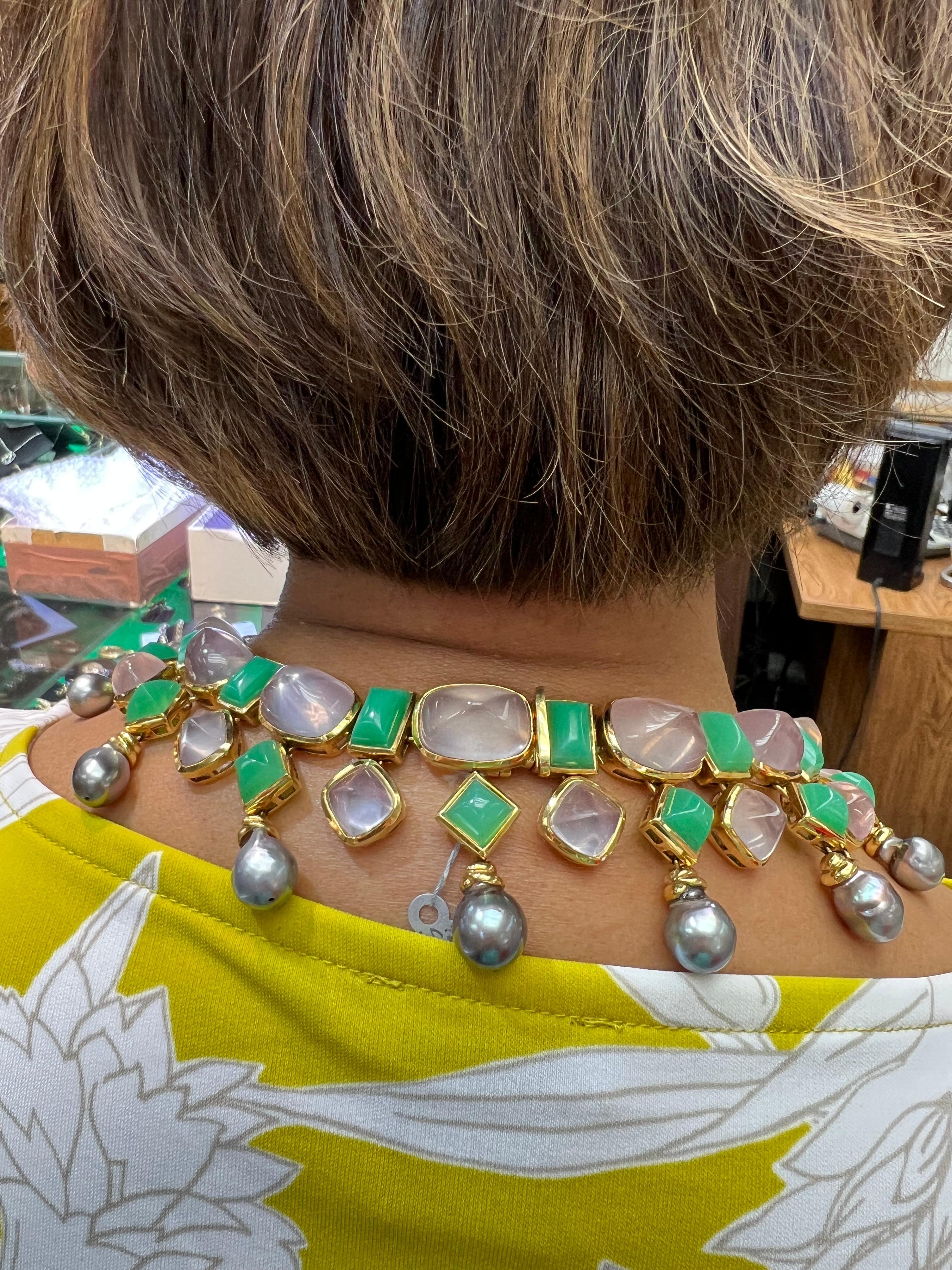 Tony Duquette Chrysoprase Rose Quartz Tahitian Pearl Gold Necklace For Sale 3