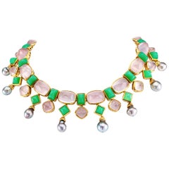 Tony Duquette Halskette aus Gold mit Chrysopras, Rosenquarz und Tahiti-Perlen