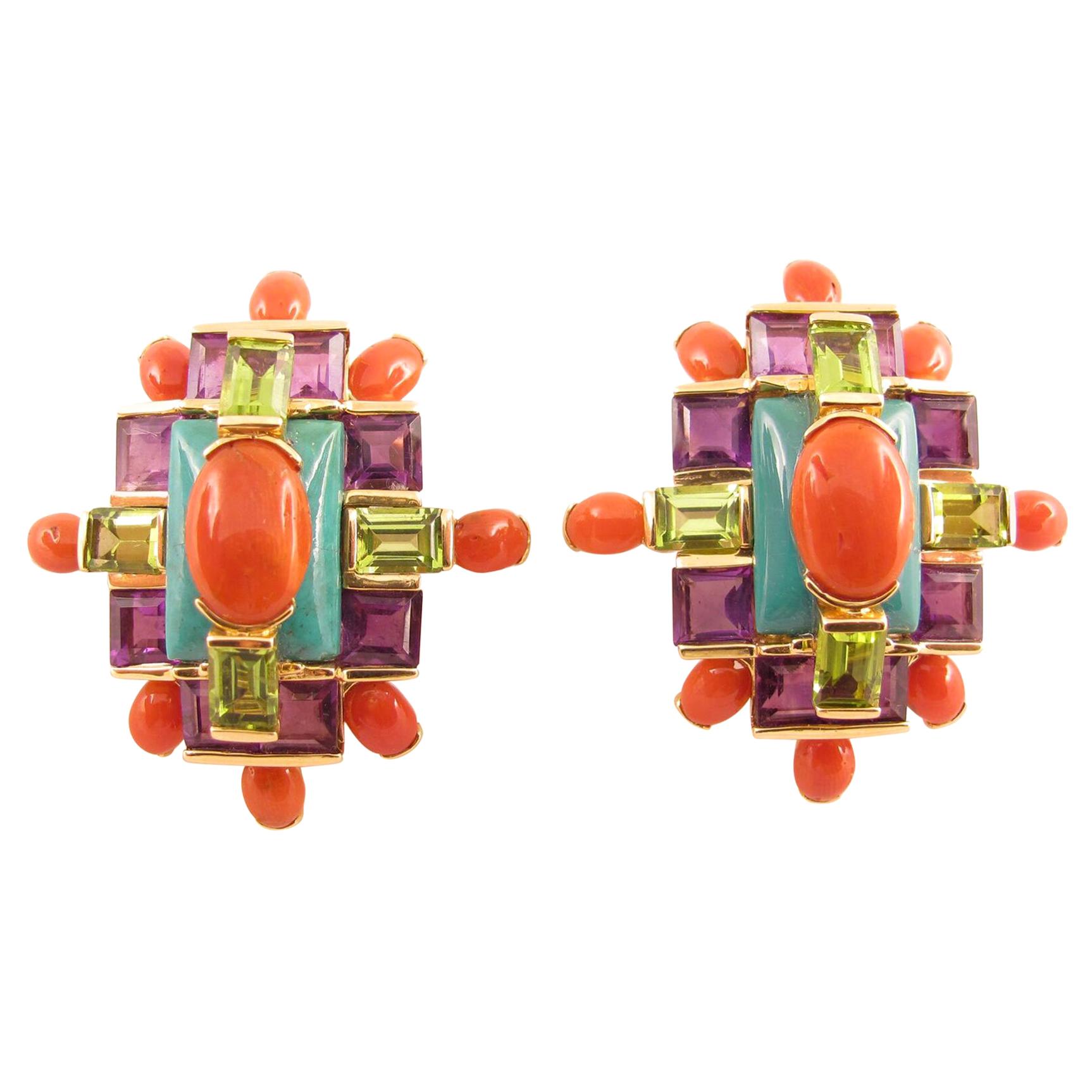 Tony Duquette Coral Turquoise Amethyst and Peridot Gold Statement Clip Earrings 