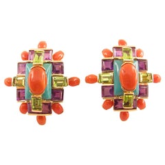 Tony Duquette Coral Turquoise Amethyst and Peridot Gold Statement Clip Earrings 